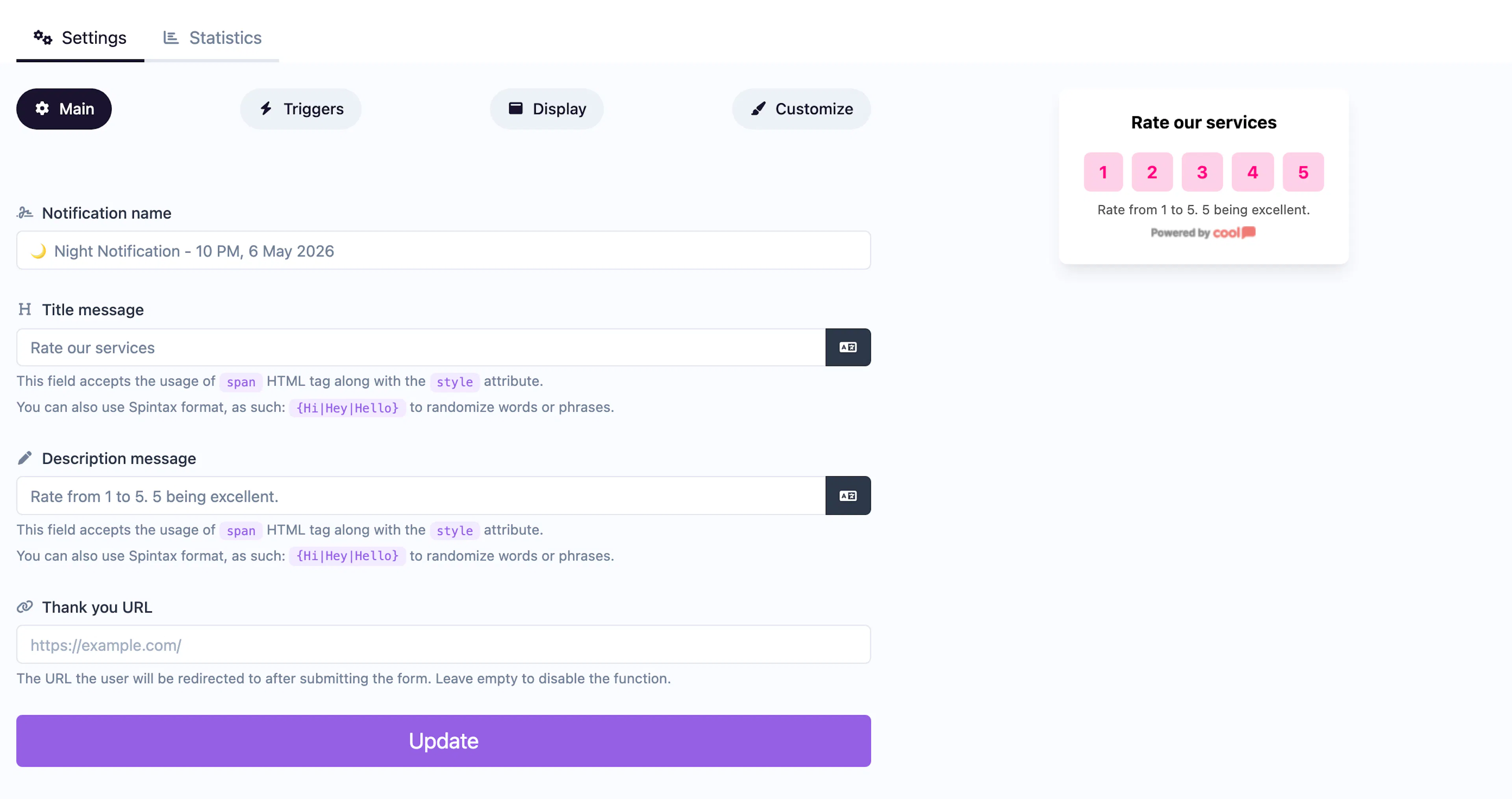 Score Feedback notification editor