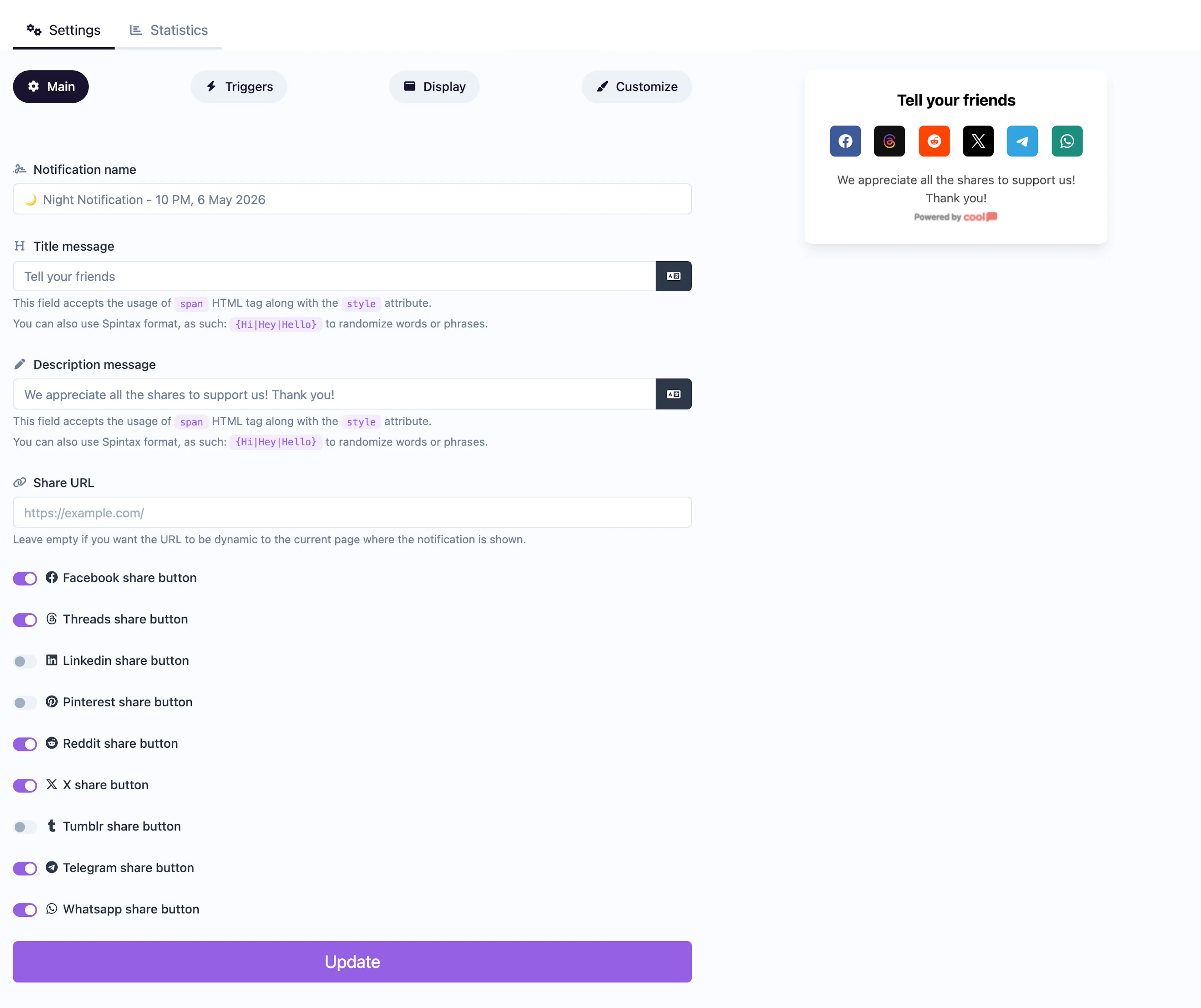 Social Share notification editor