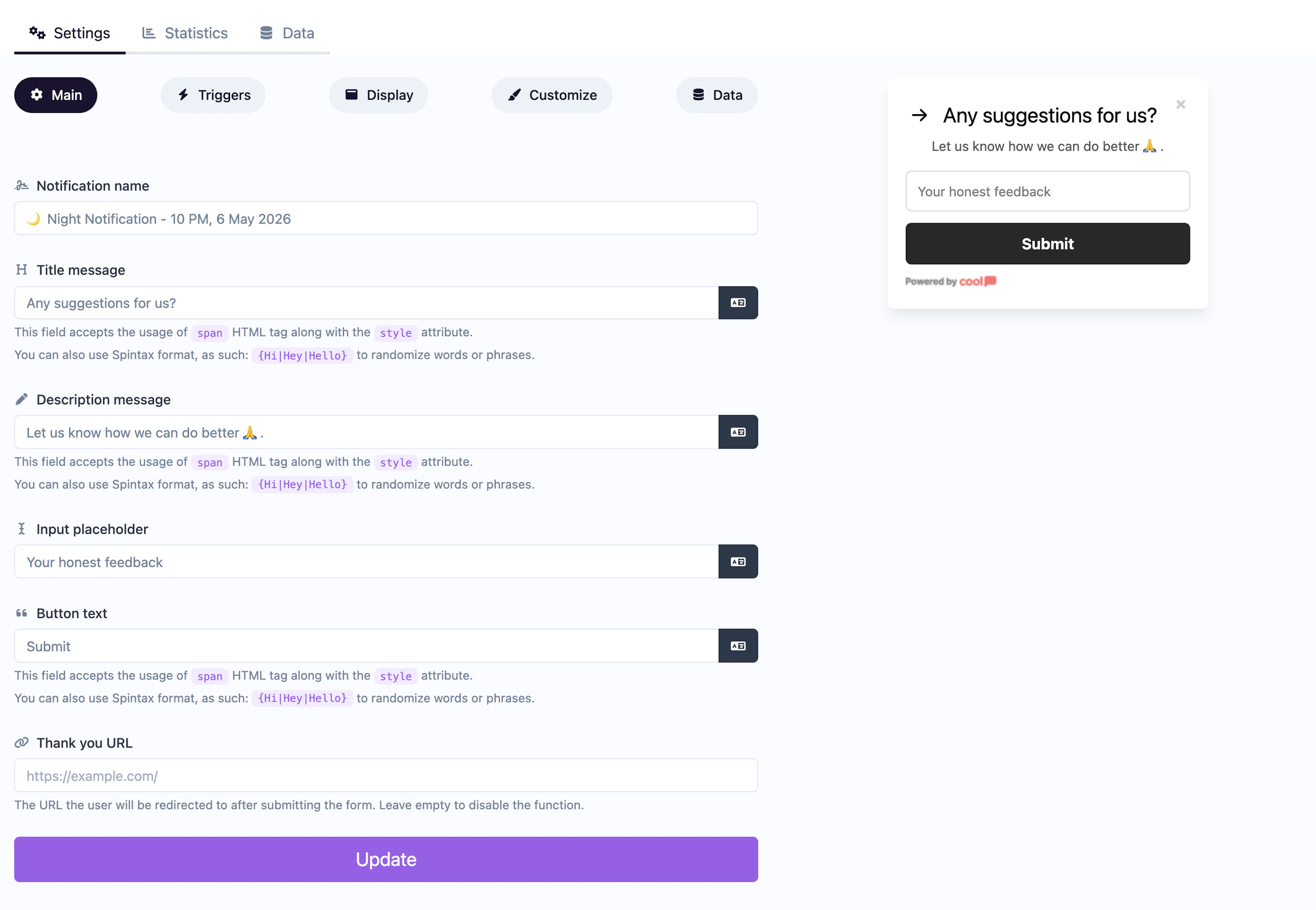 Text Feedback notification editor