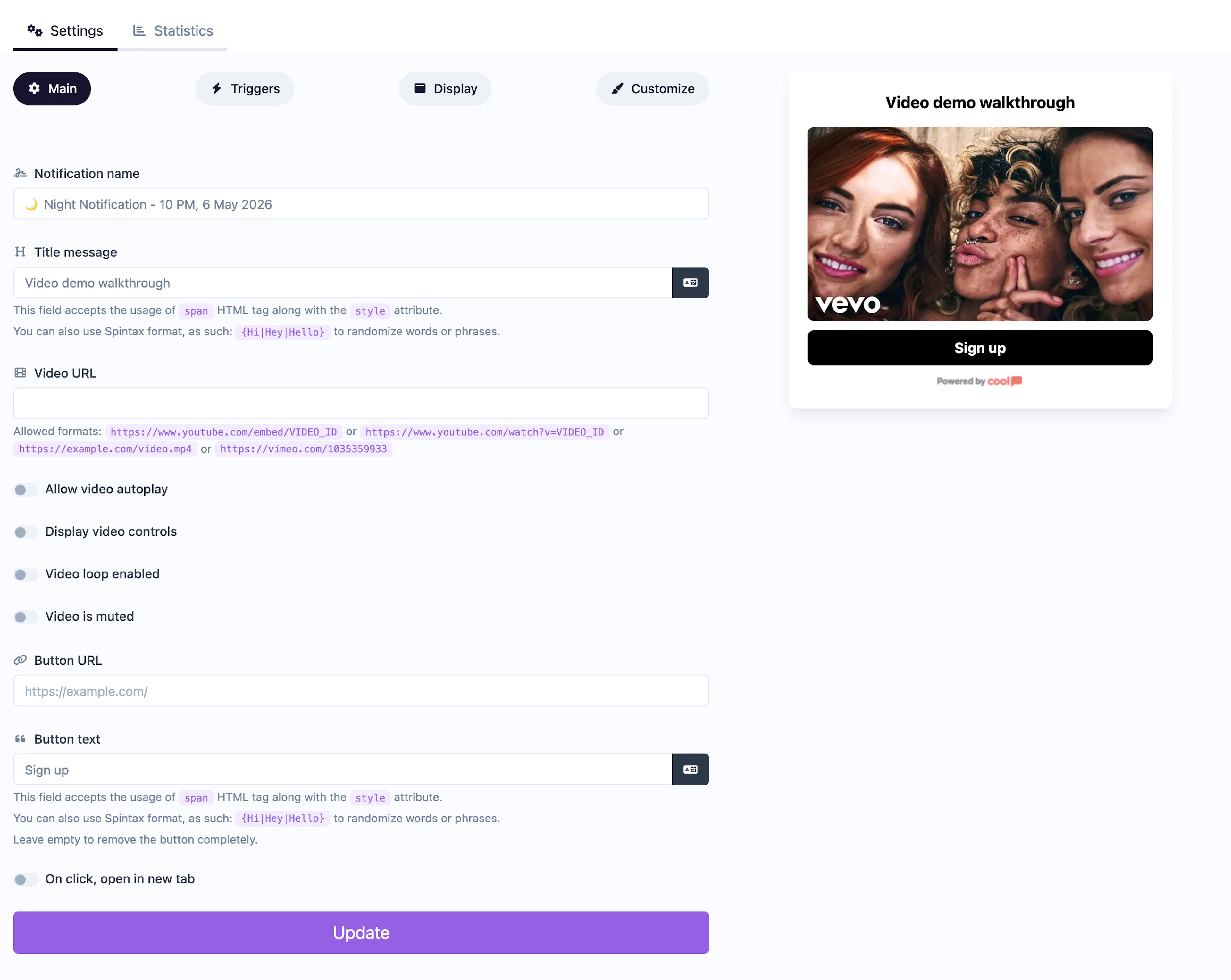 Video notification editor
