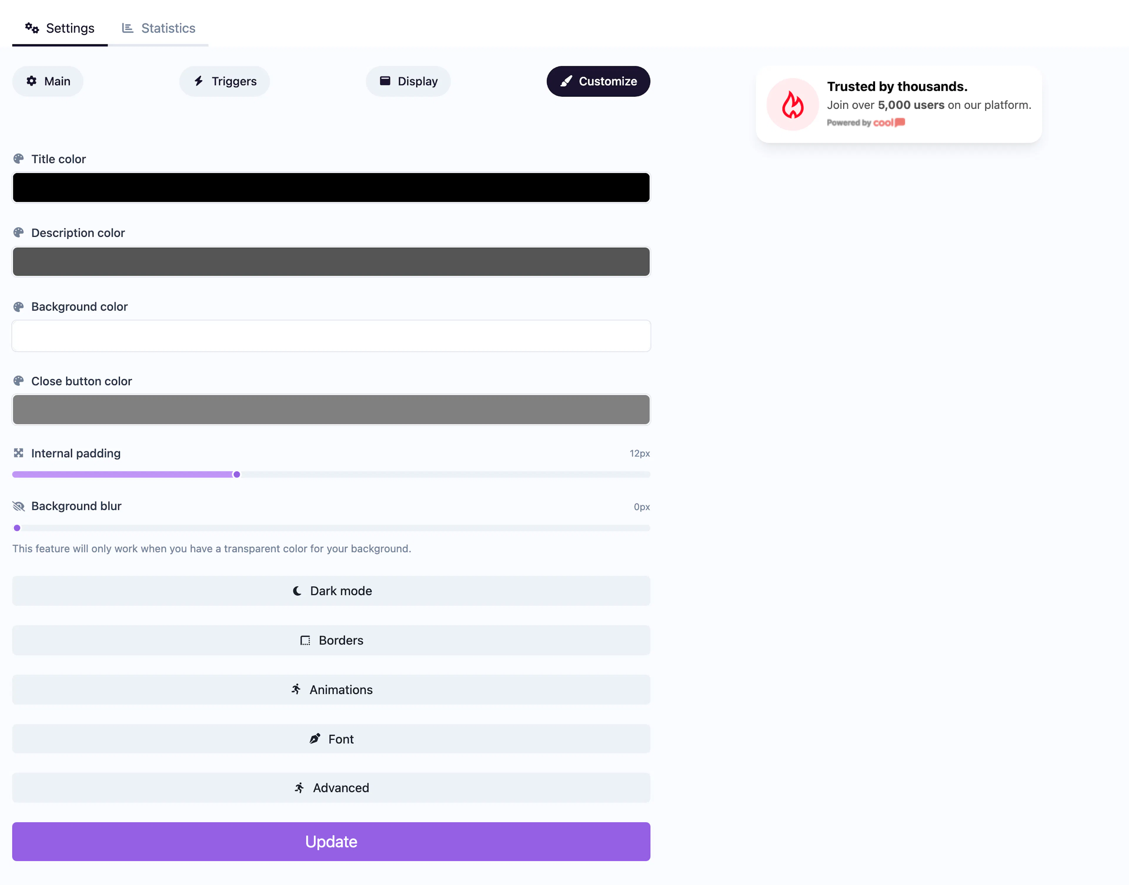 Customize tab showing color, font, border, and shadow settings