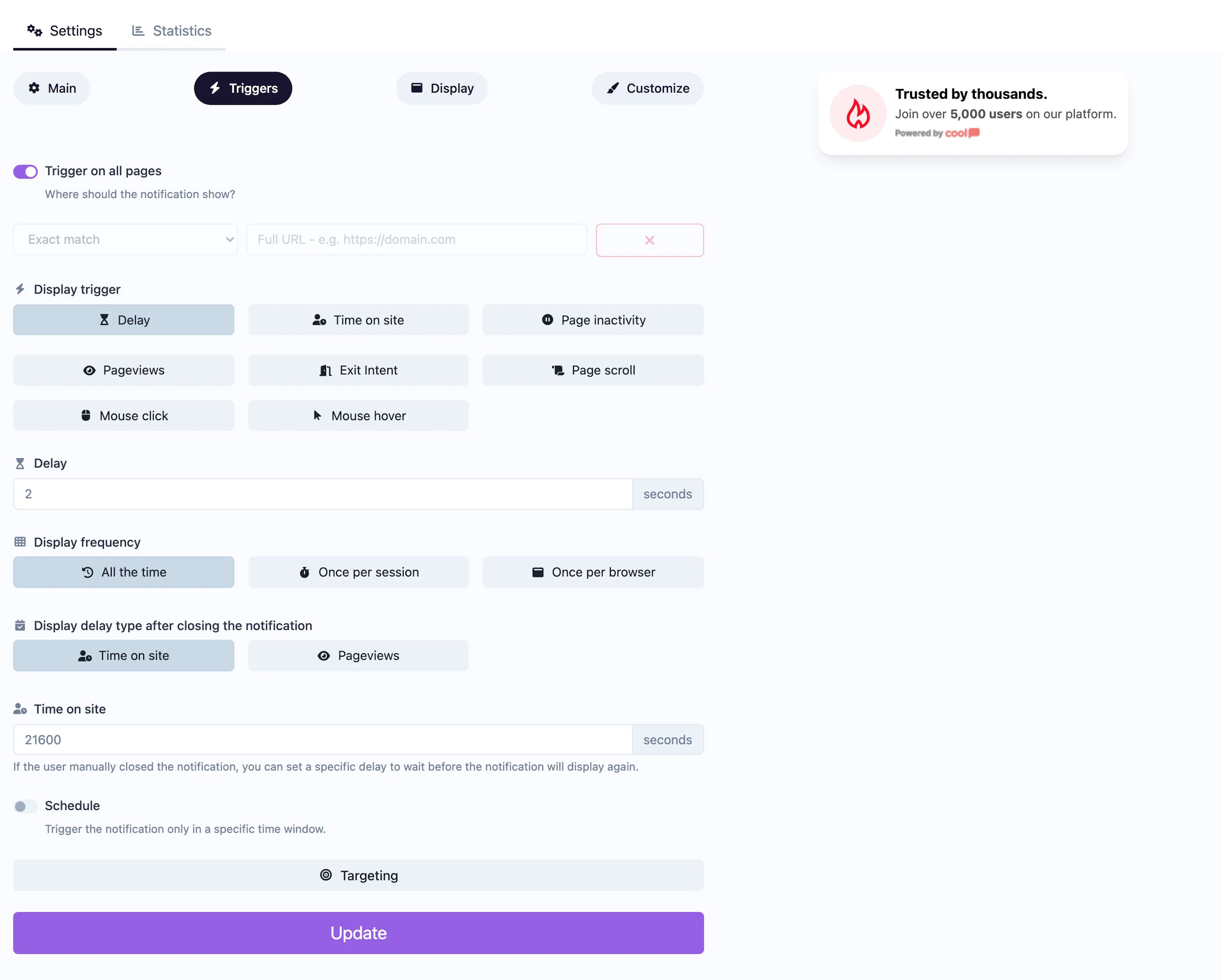 Triggers tab showing page targeting, display trigger, and scheduling options