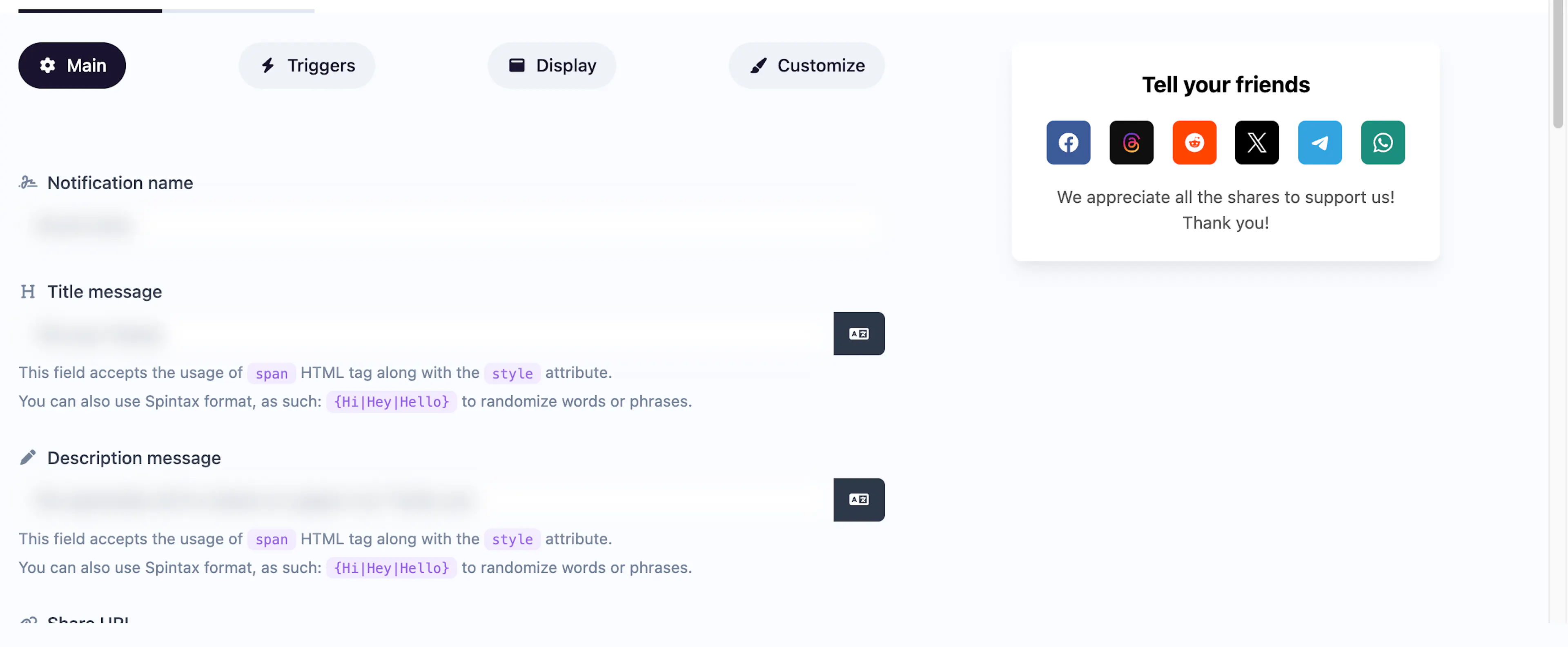 Cool Popup notification editor showing the Main tab fields, settings subtabs, and live preview