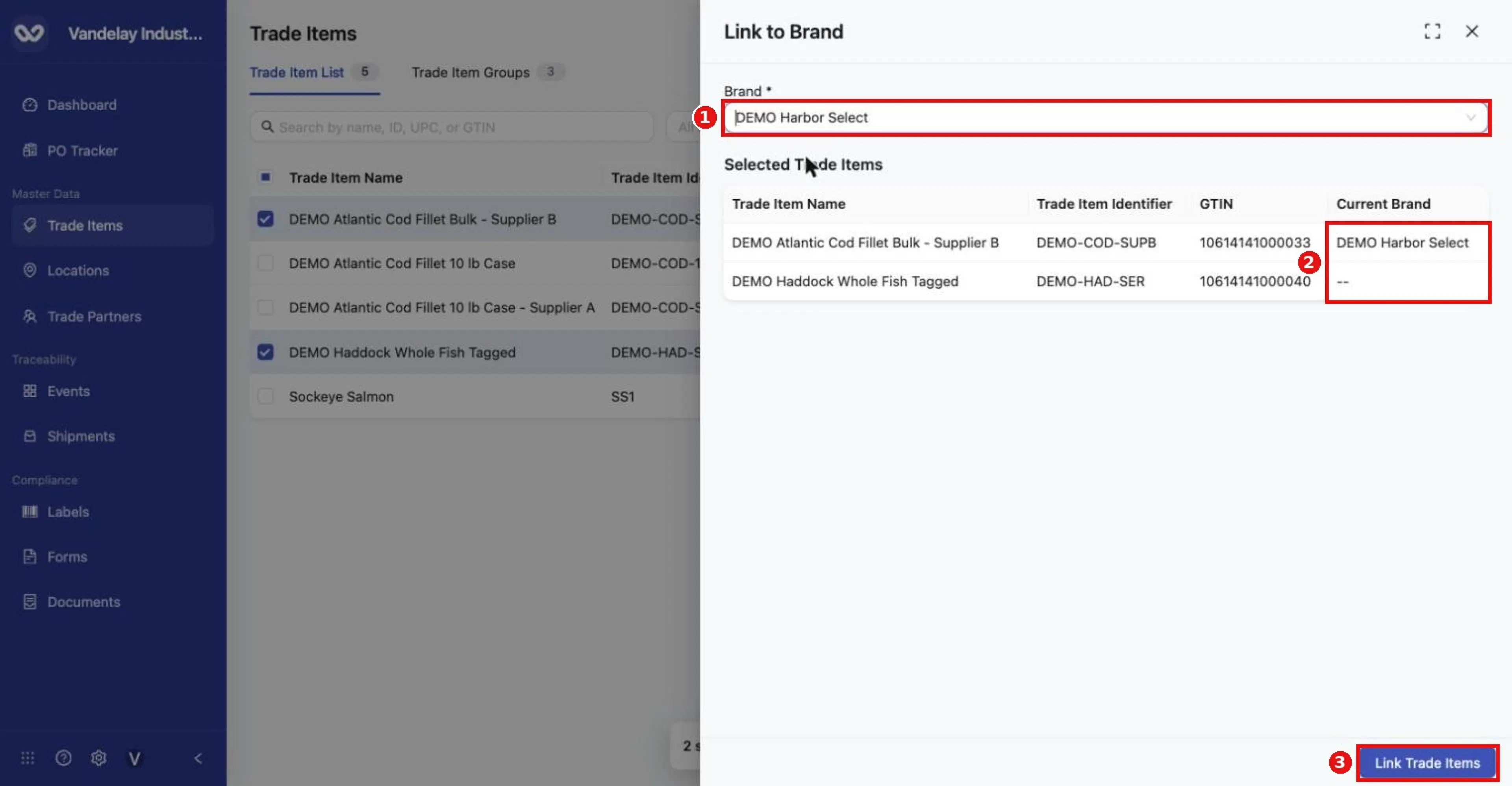 Link to Brand review: Current Brand shows each item's existing brand (one already has it, one has none). Click Link Trade Items.
