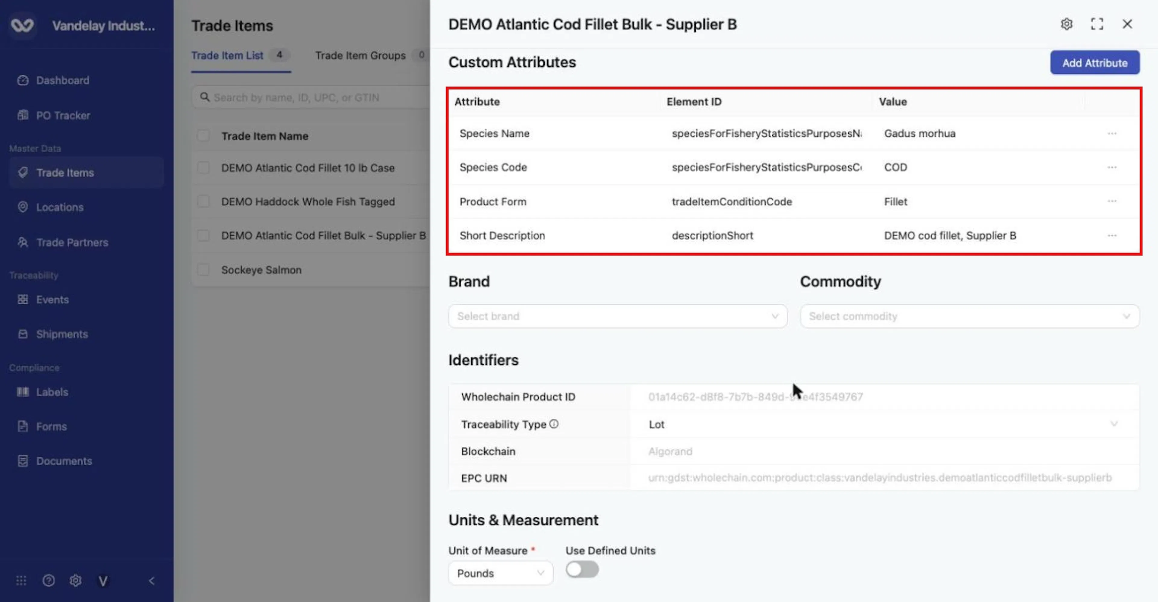 Bulk-uploaded item: the template's Species Name, Species Code, Product Form and Short Description columns become Custom Attributes with standard element IDs.