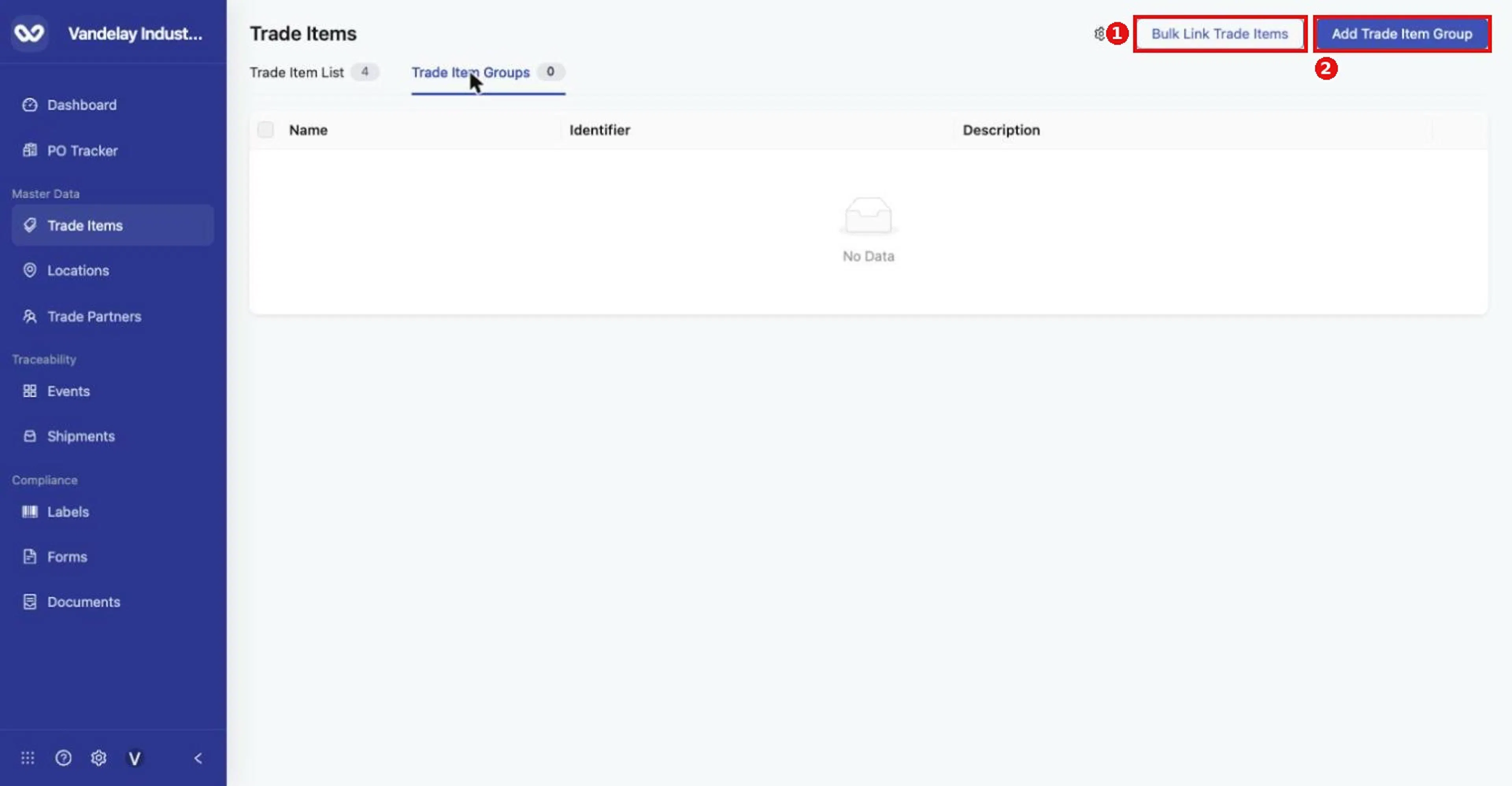 Trade Item Groups tab before any groups exist. Bulk Link Trade Items and Add Trade Item Group sit at the top right.