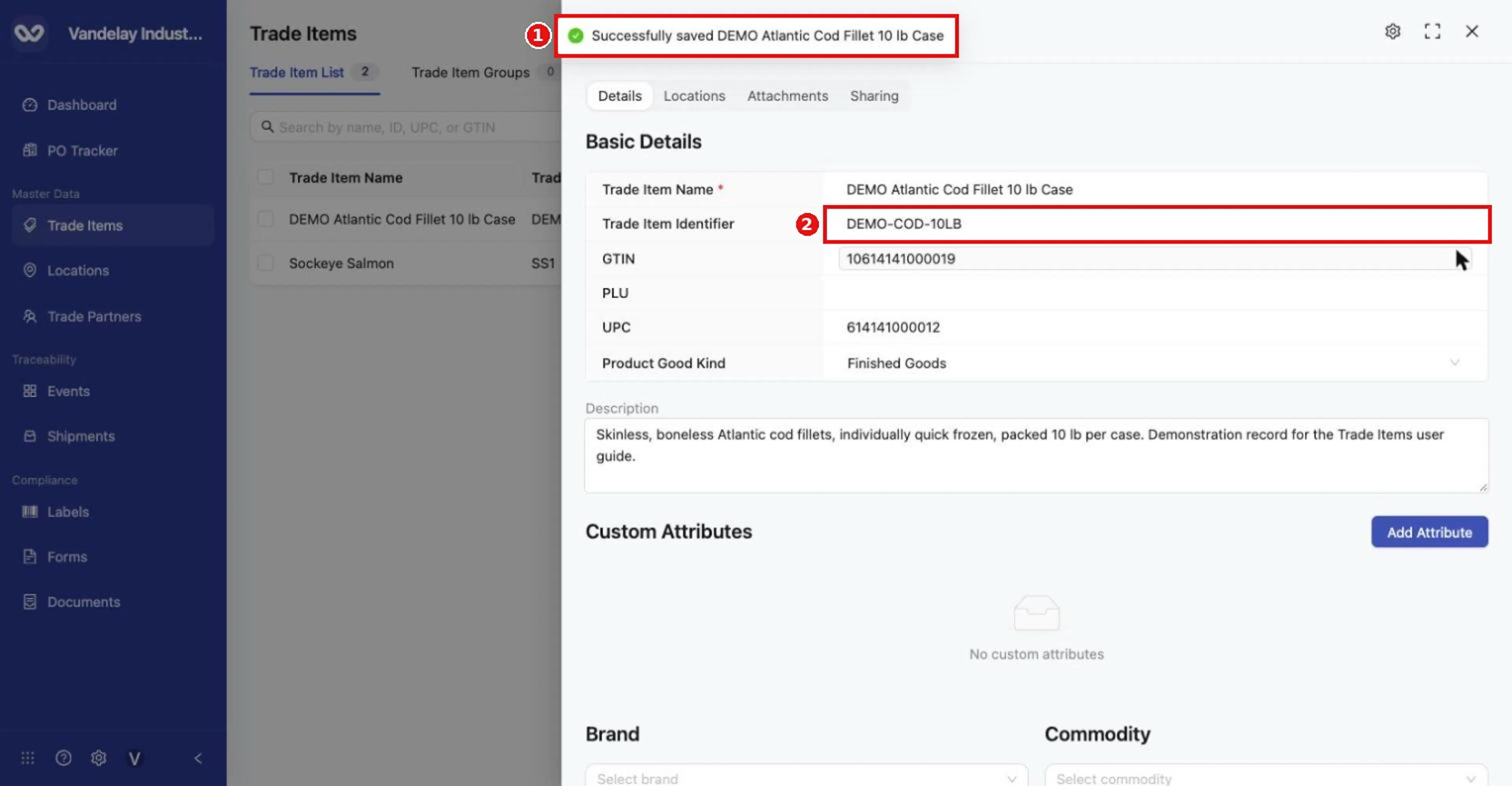 The confirmation 'Successfully saved…' appears and the identifier shows in the item and list.