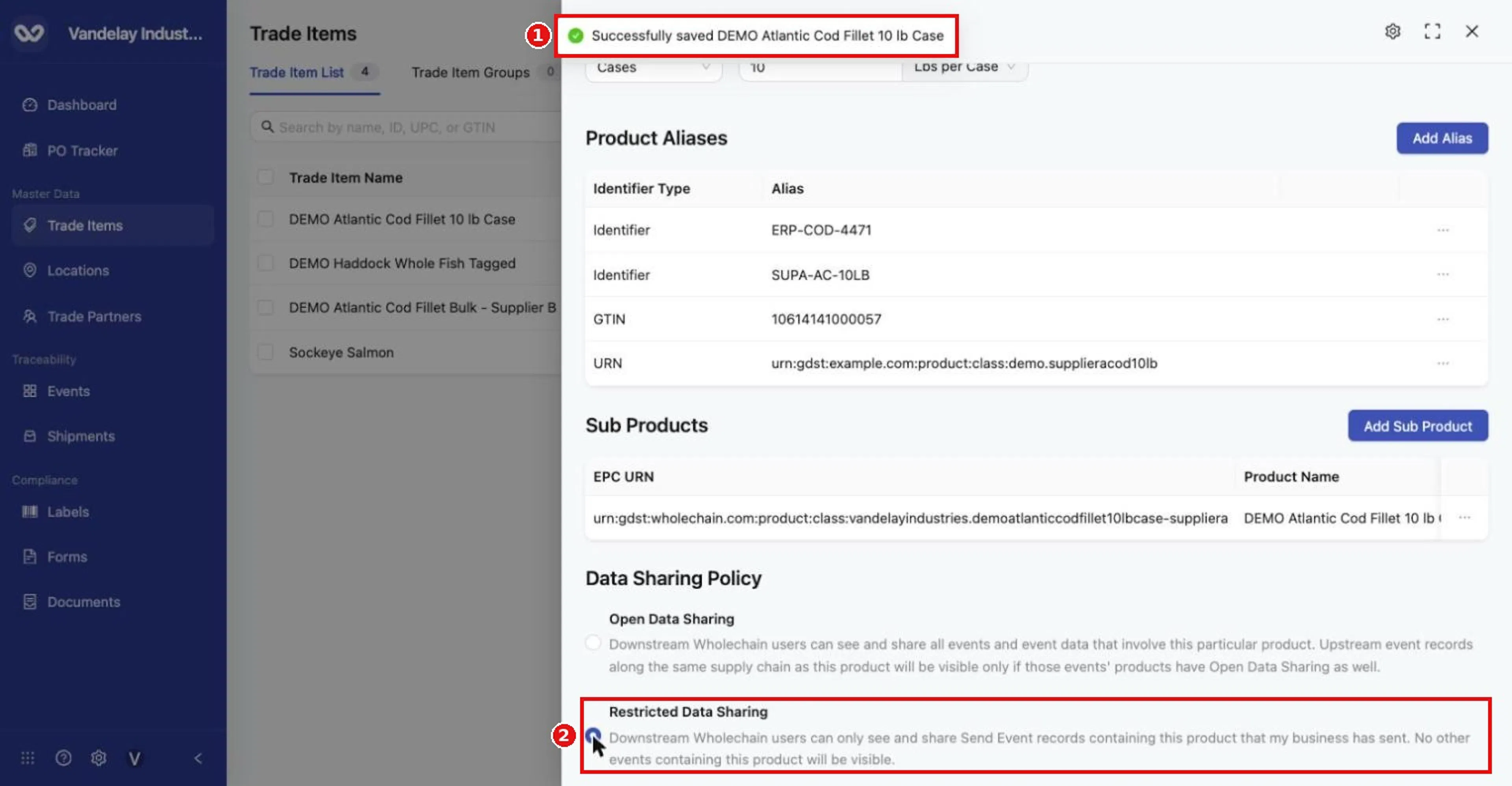 Select Restricted Data Sharing. The change saves immediately ('Successfully saved…'); there is no separate Save button.