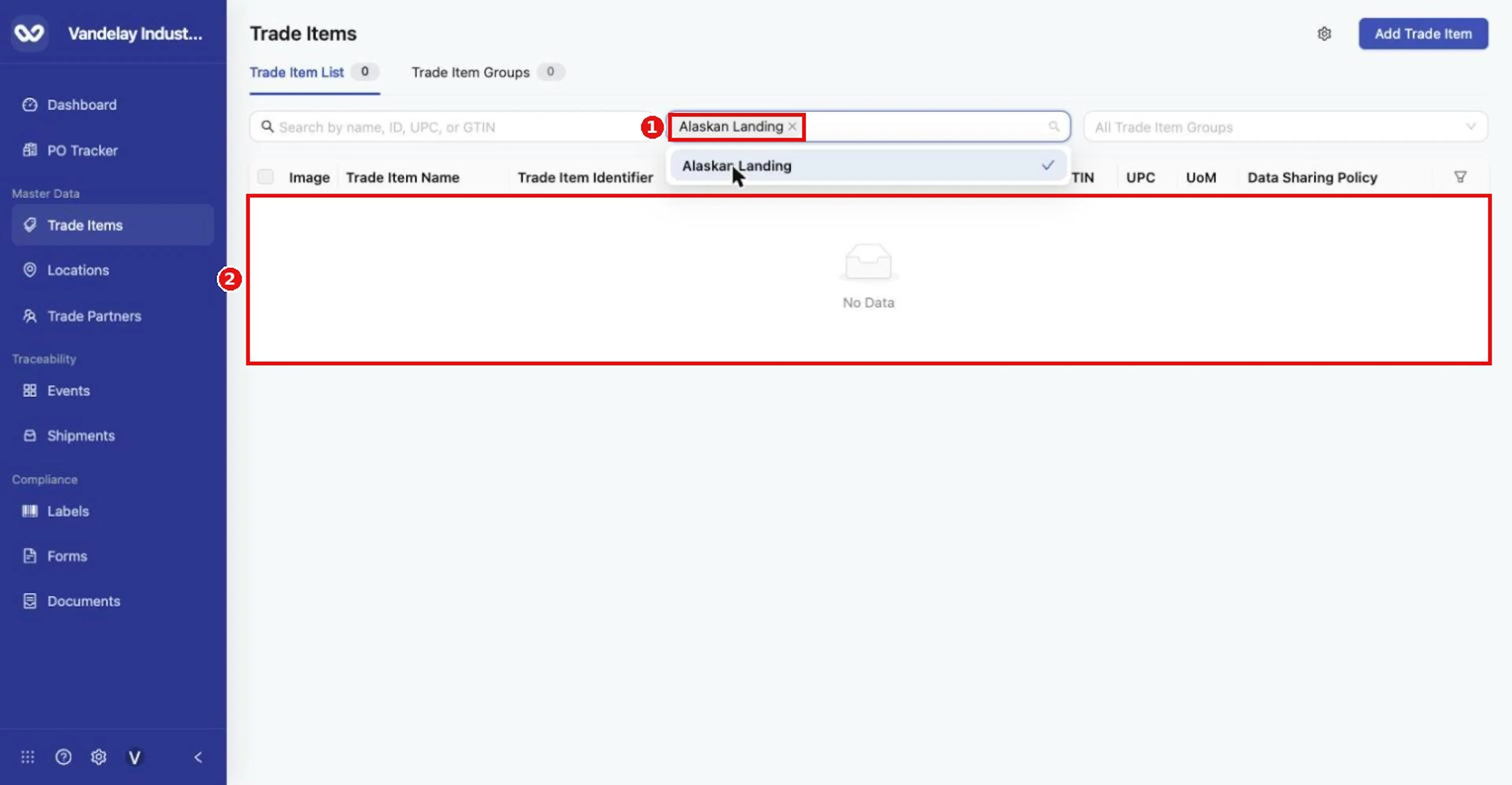 Filtering by a location lists only items with active inventory there. Here no item has inventory yet, so the result is empty. Remove the location tag (x) to clear.