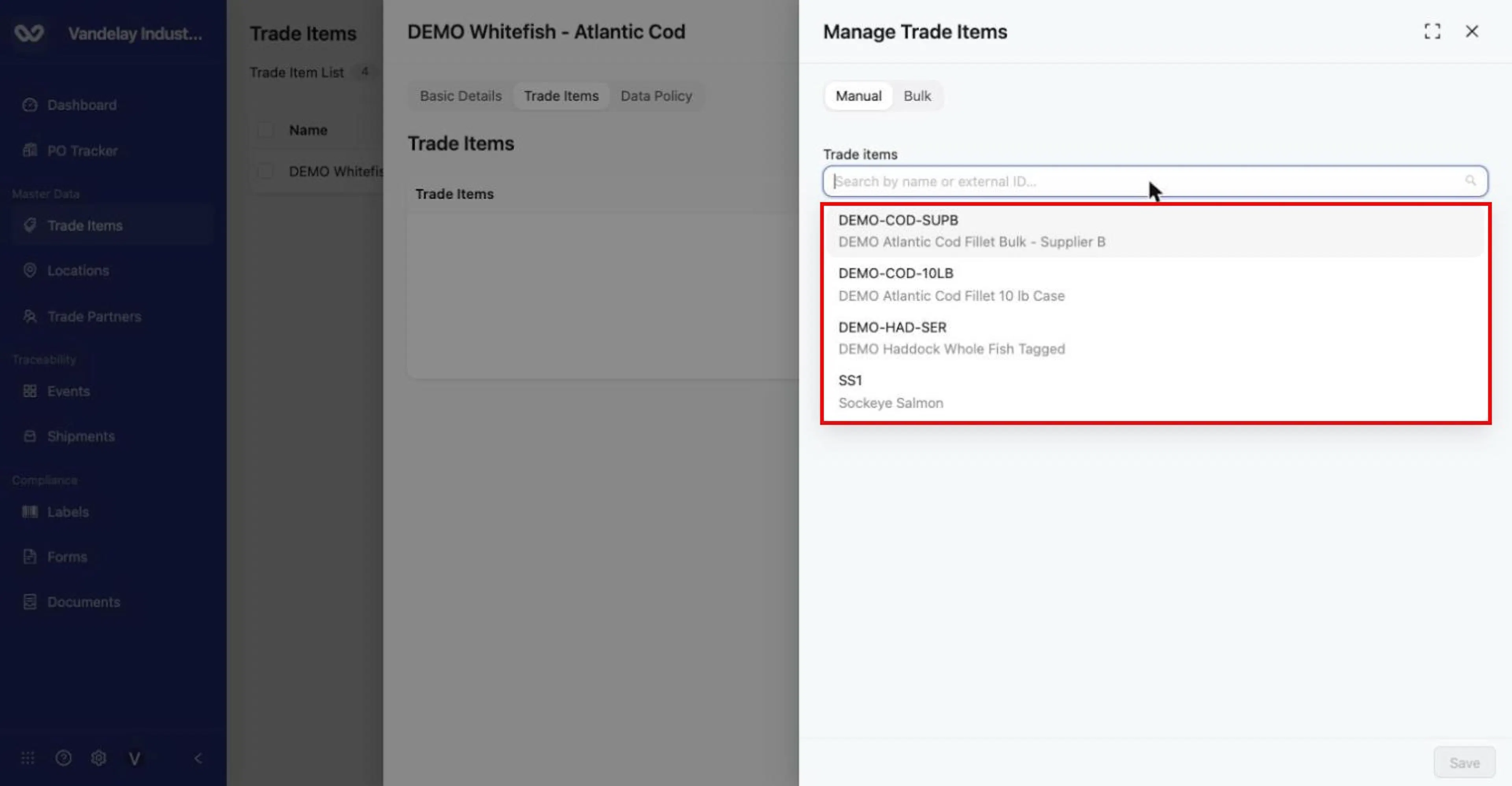 The Trade items search lists items by identifier and name. Sub-products (child items) are not listed.
