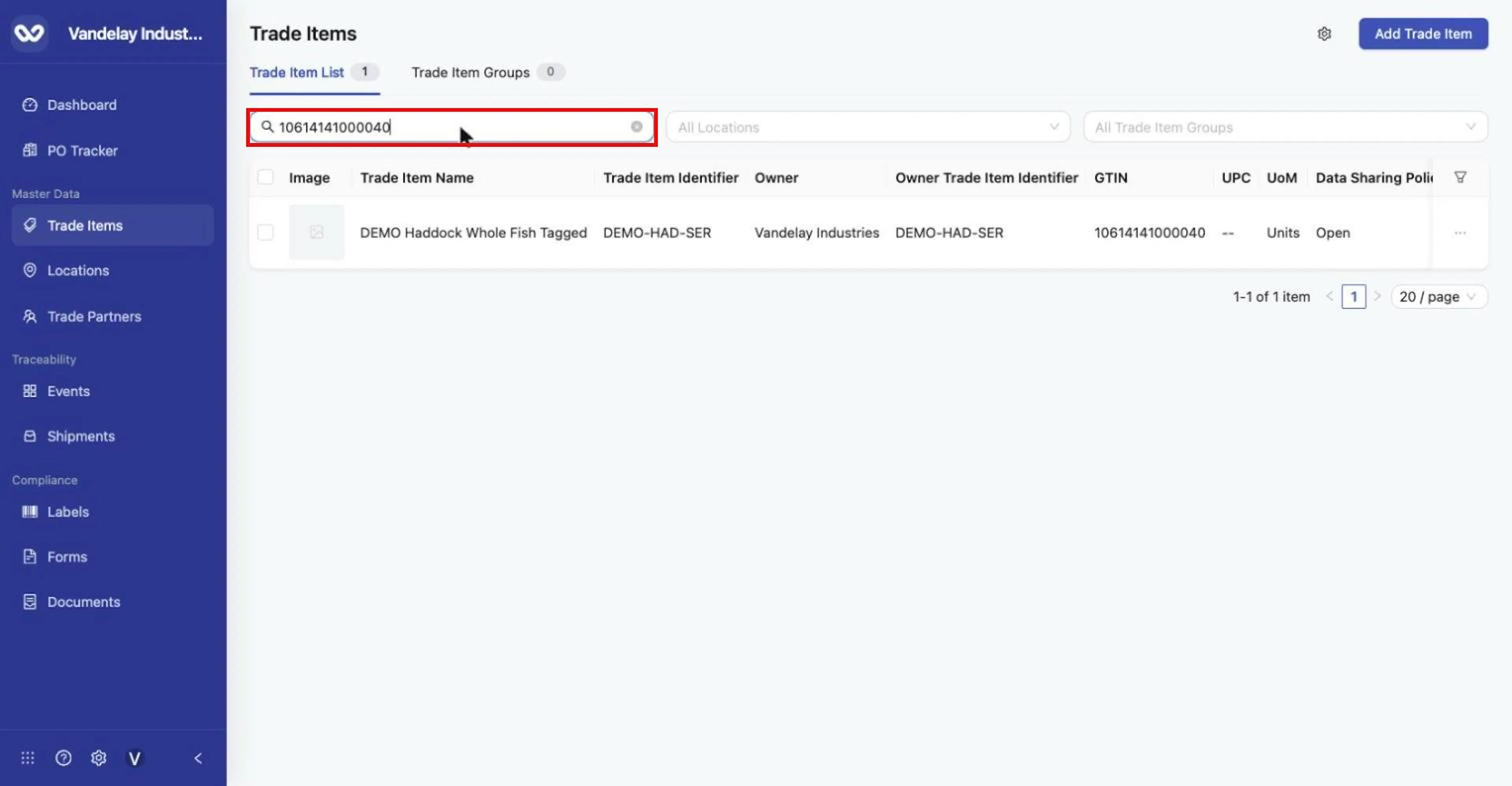 Searching by GTIN returns the single matching item. Identifier, UPC and alias values also work.