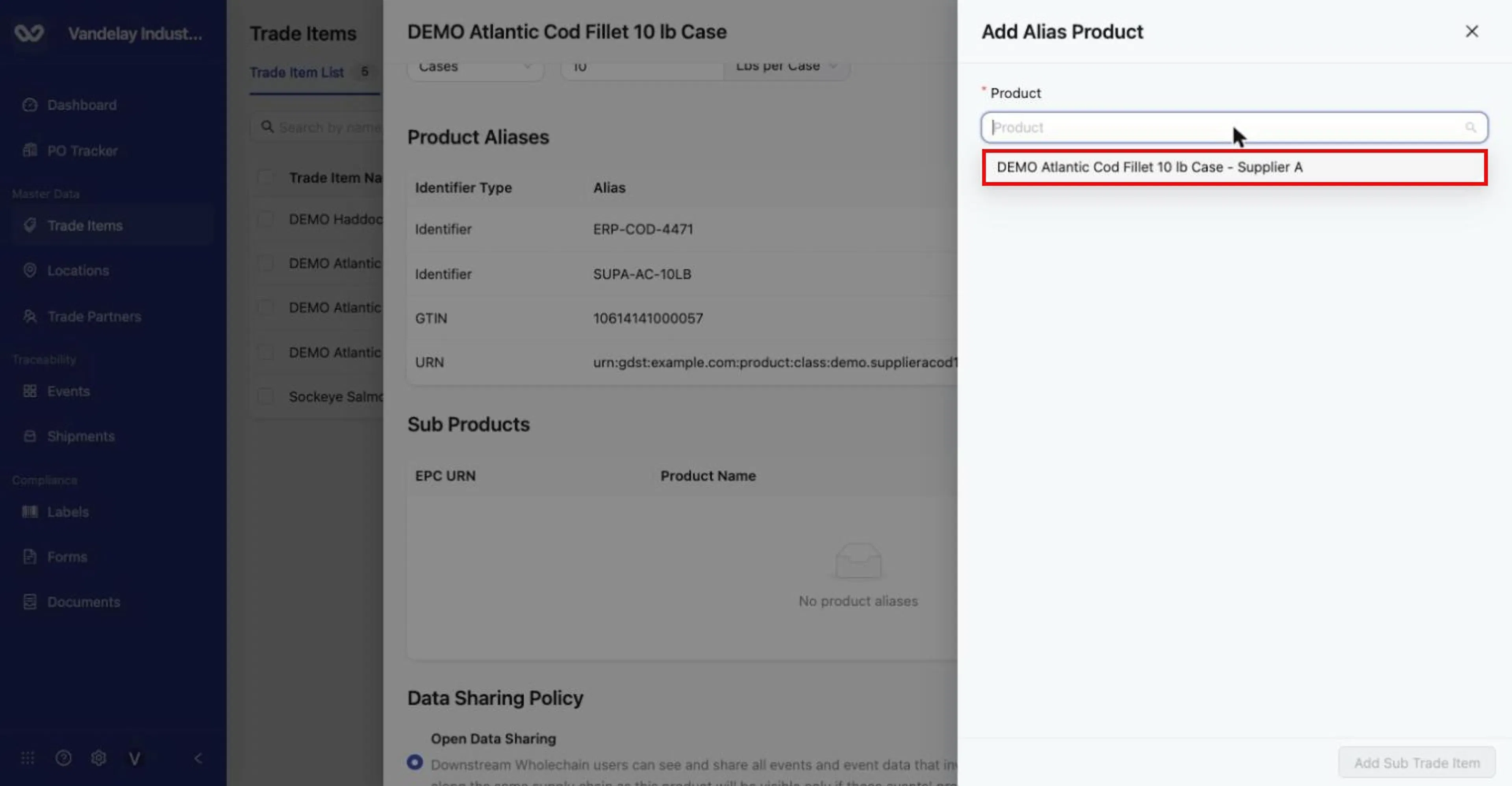 Only items with a compatible unit of measure are offered. Here only the Supplier A item (also 'Lbs per Case') is listed; the Supplier B item measured in Lbs is not.