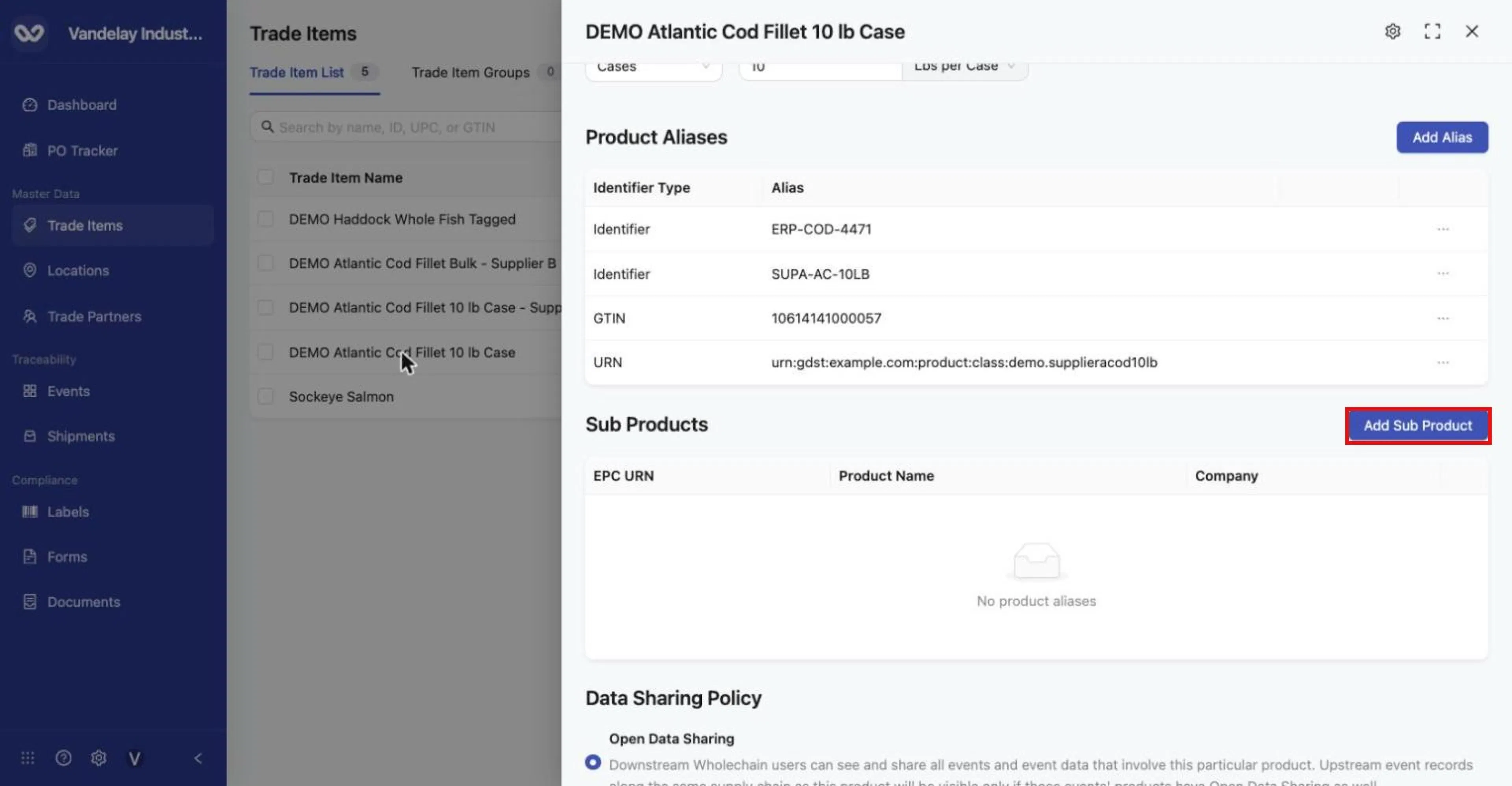 Sub Products section of the parent item. Click Add Sub Product.
