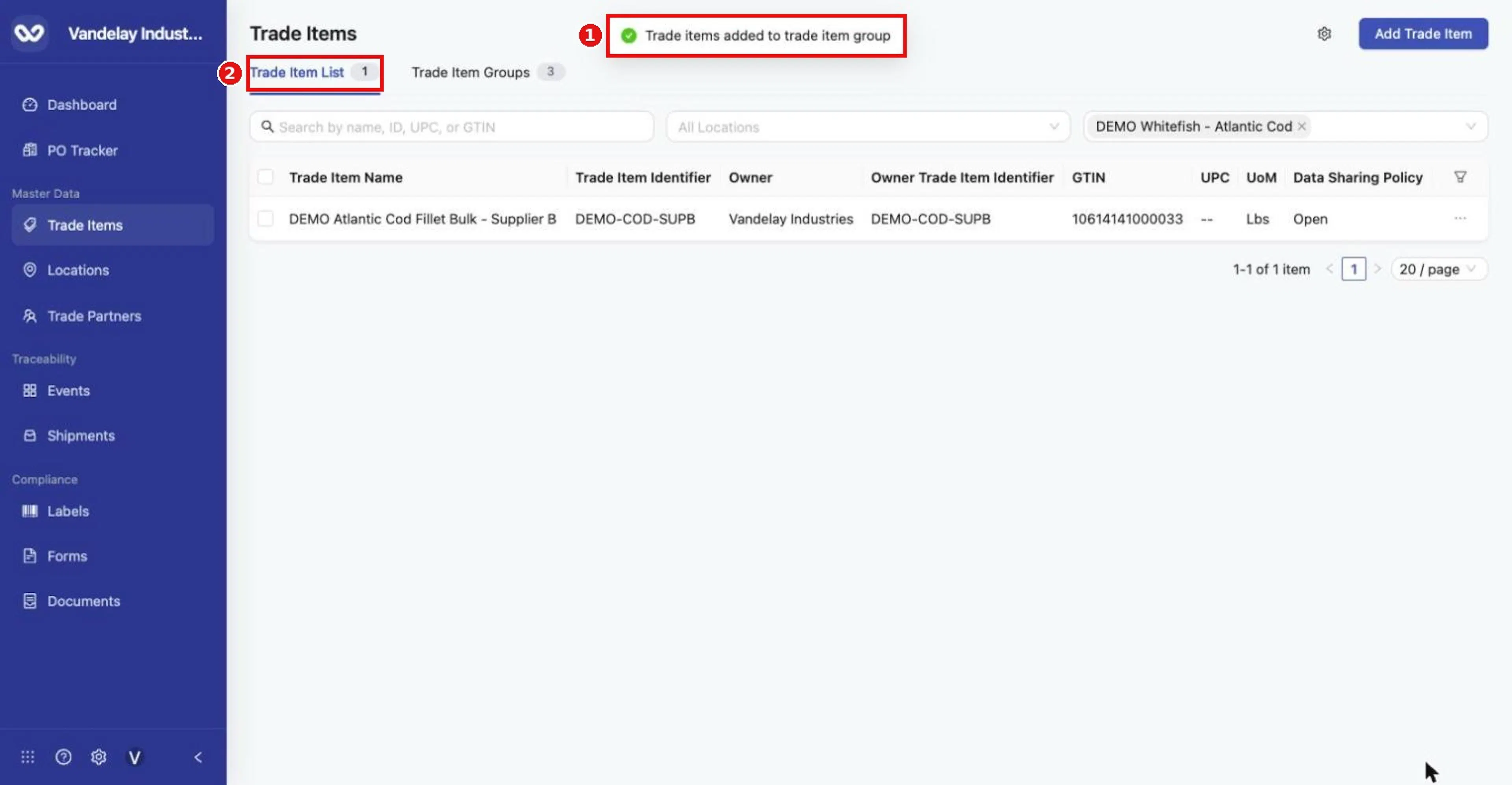 'Trade items added to trade item group'. The item drops out of the Atlantic Cod group filter: linking replaced its previous group.