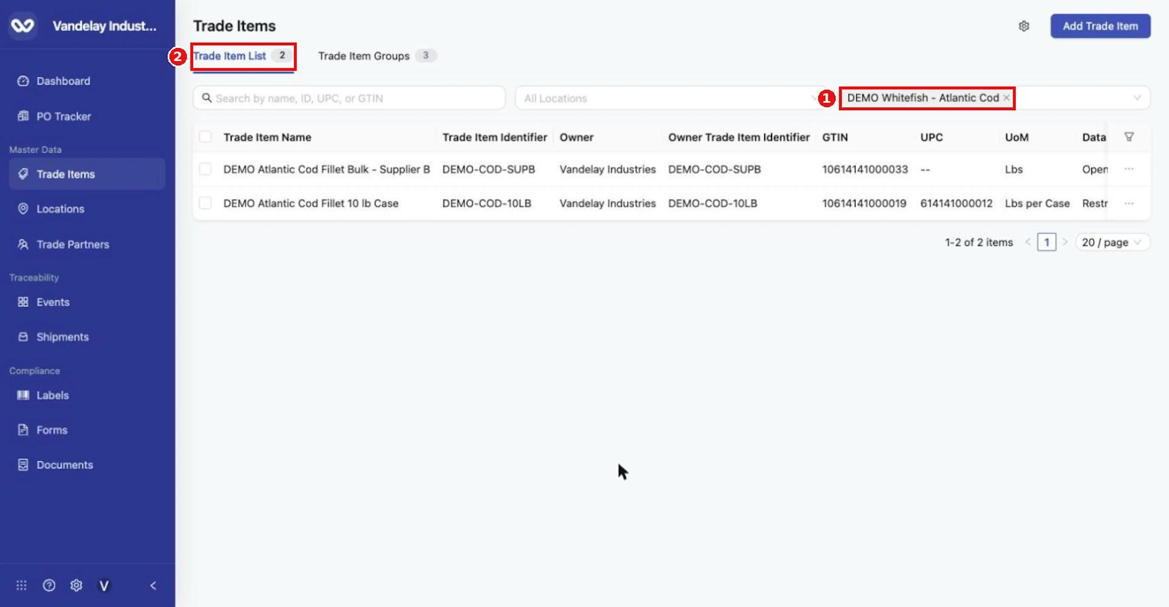 Filtered to one group: only its member items are listed (count 2). Remove the tag (x) to clear the filter.
