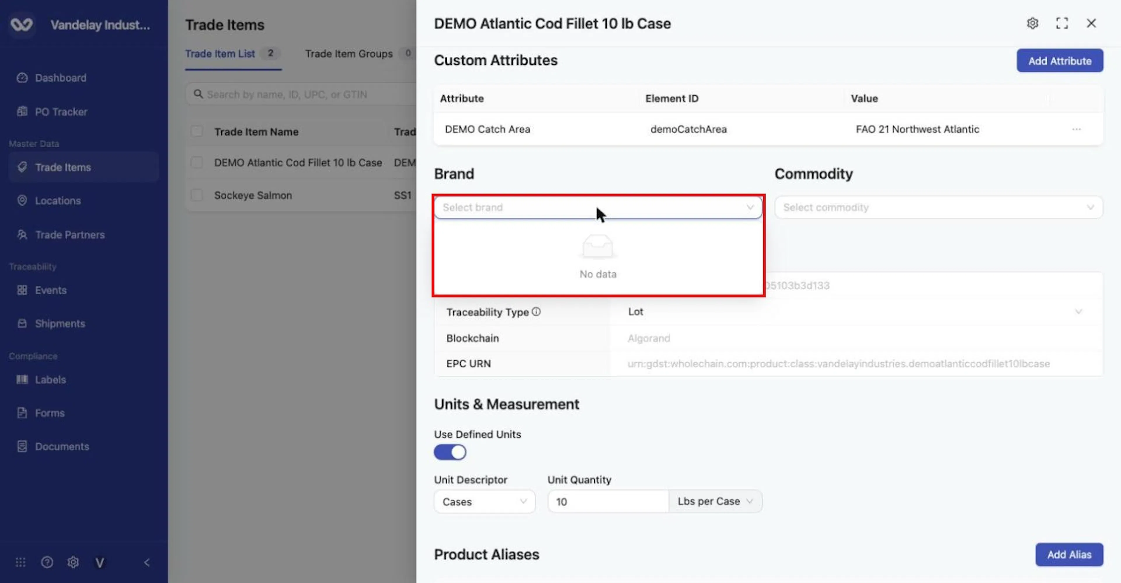 The Brand list shows 'No data' when the account has no brands yet.