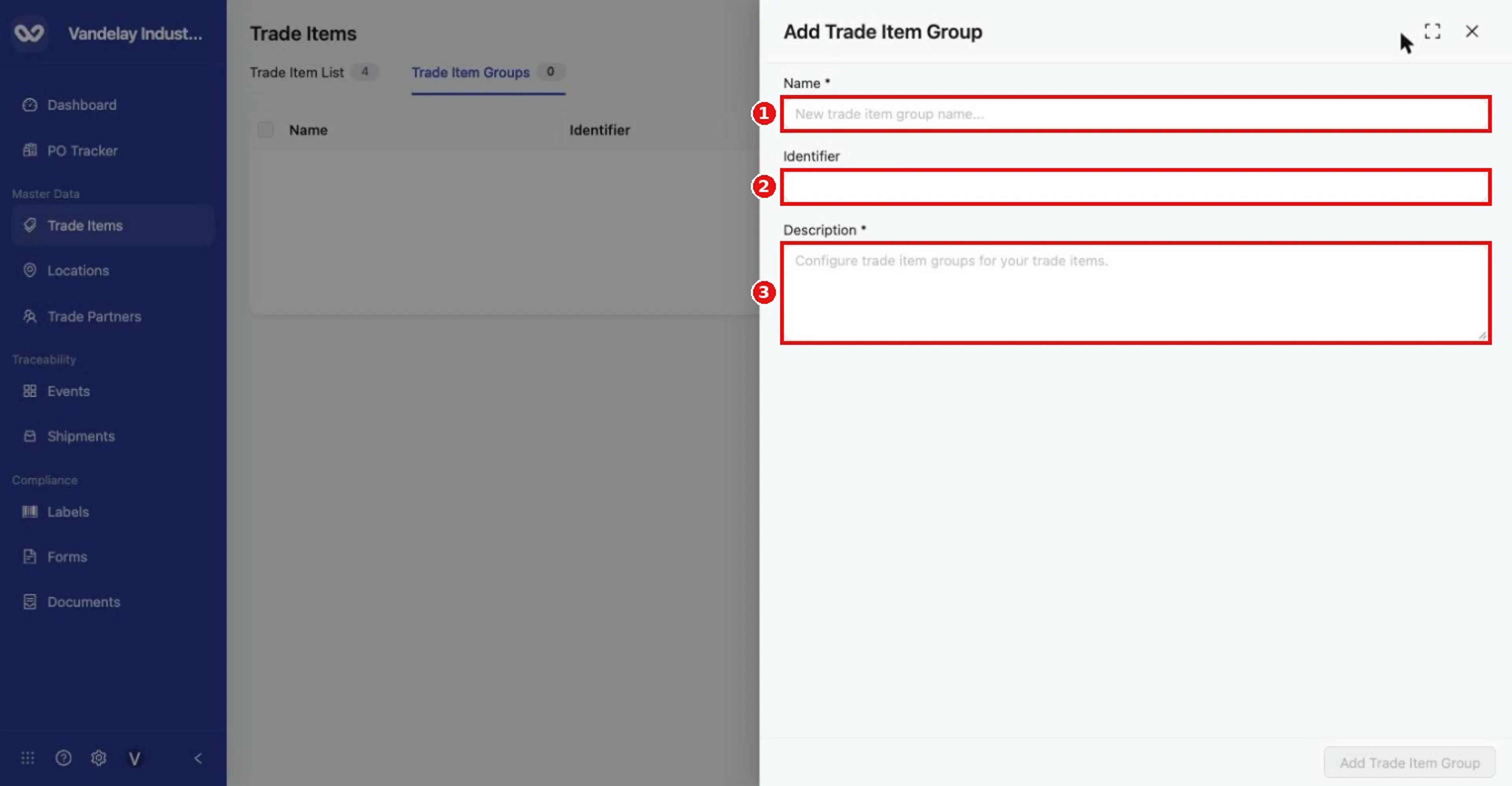 Add Trade Item Group drawer. Name and Description are required; Identifier is optional.