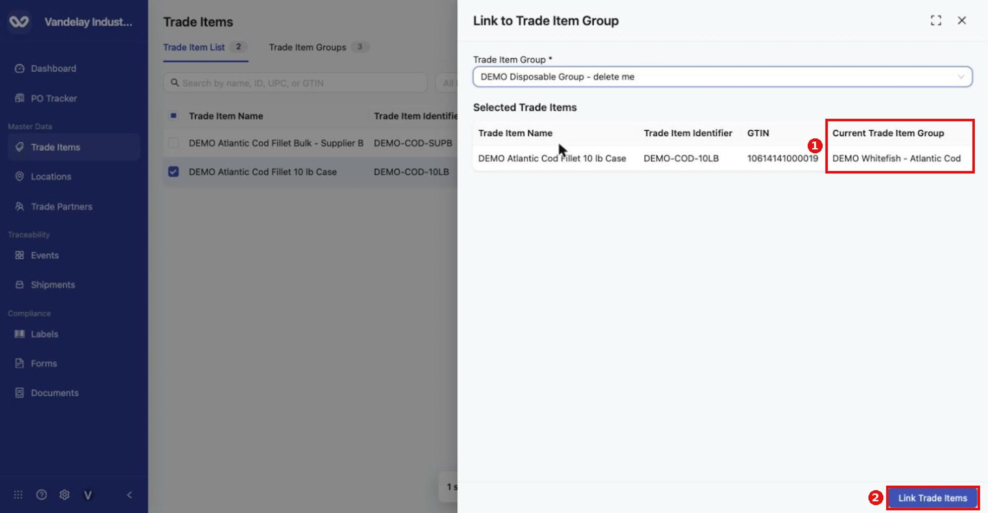 The review table shows each item's Current Trade Item Group. Click Link Trade Items.