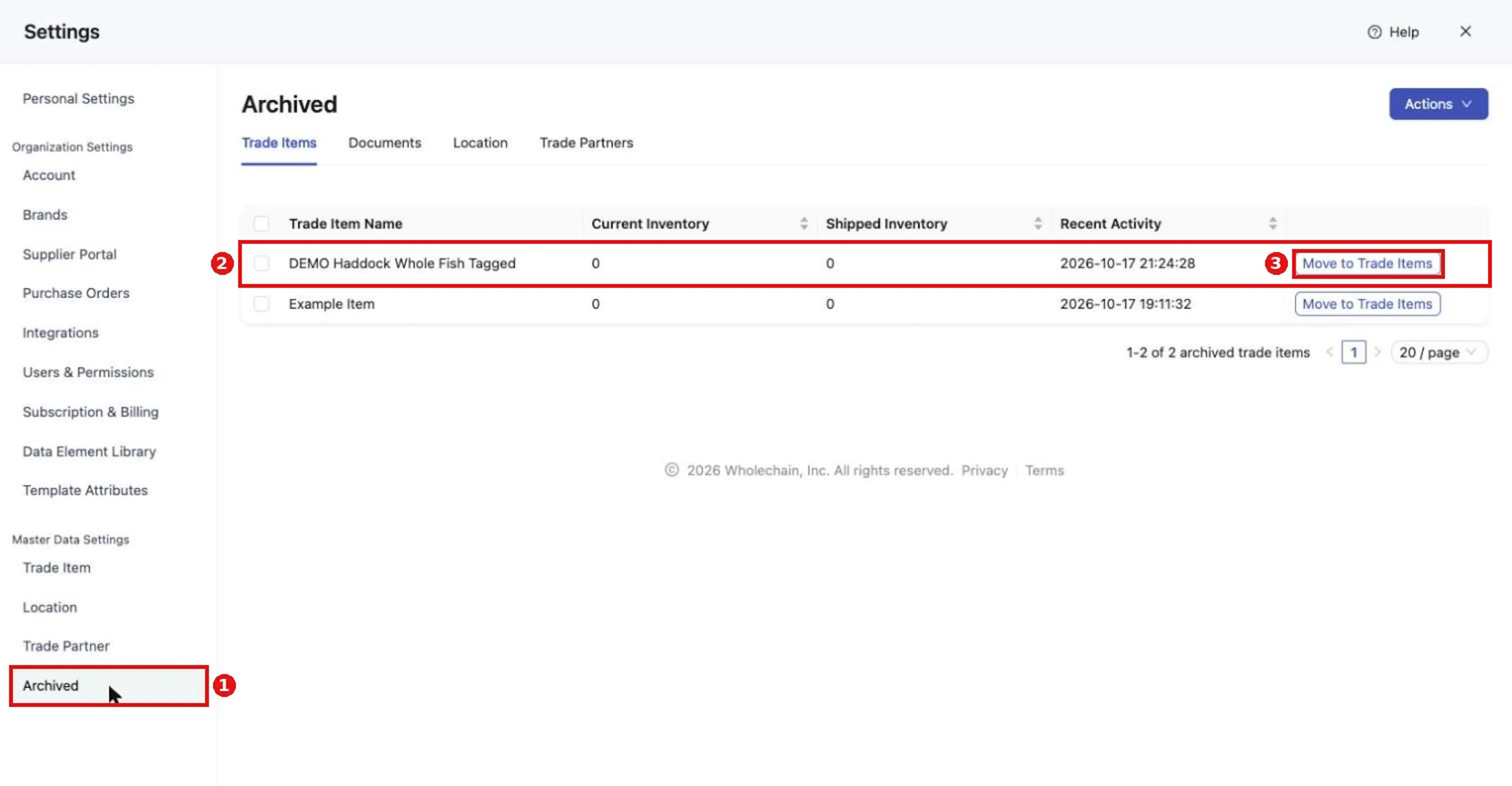 The Archived page in Settings lists archived Trade Items with Current Inventory, Shipped Inventory, Recent Activity and a Move to Trade Items button to restore.