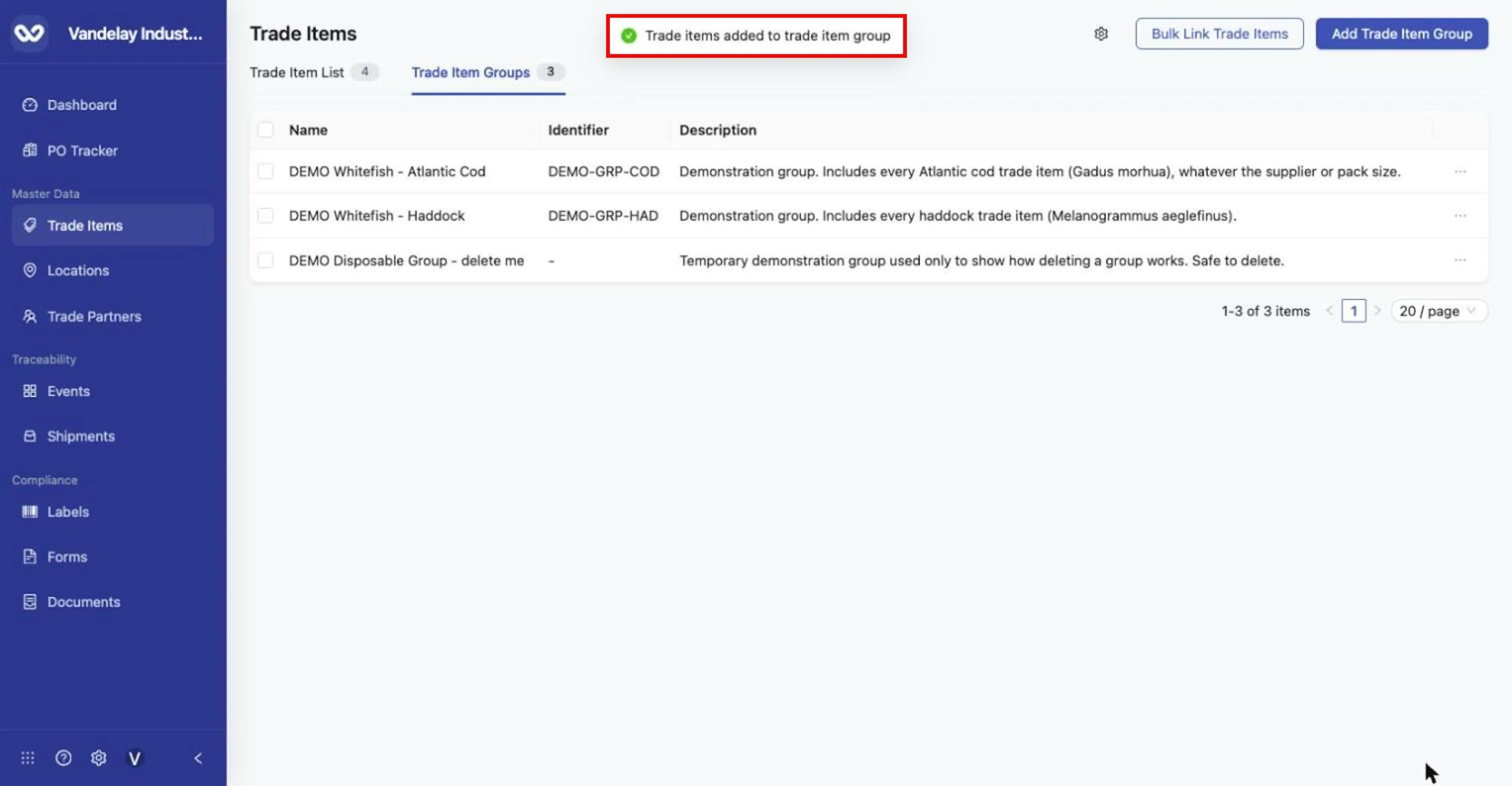 'Trade items added to trade item group'.