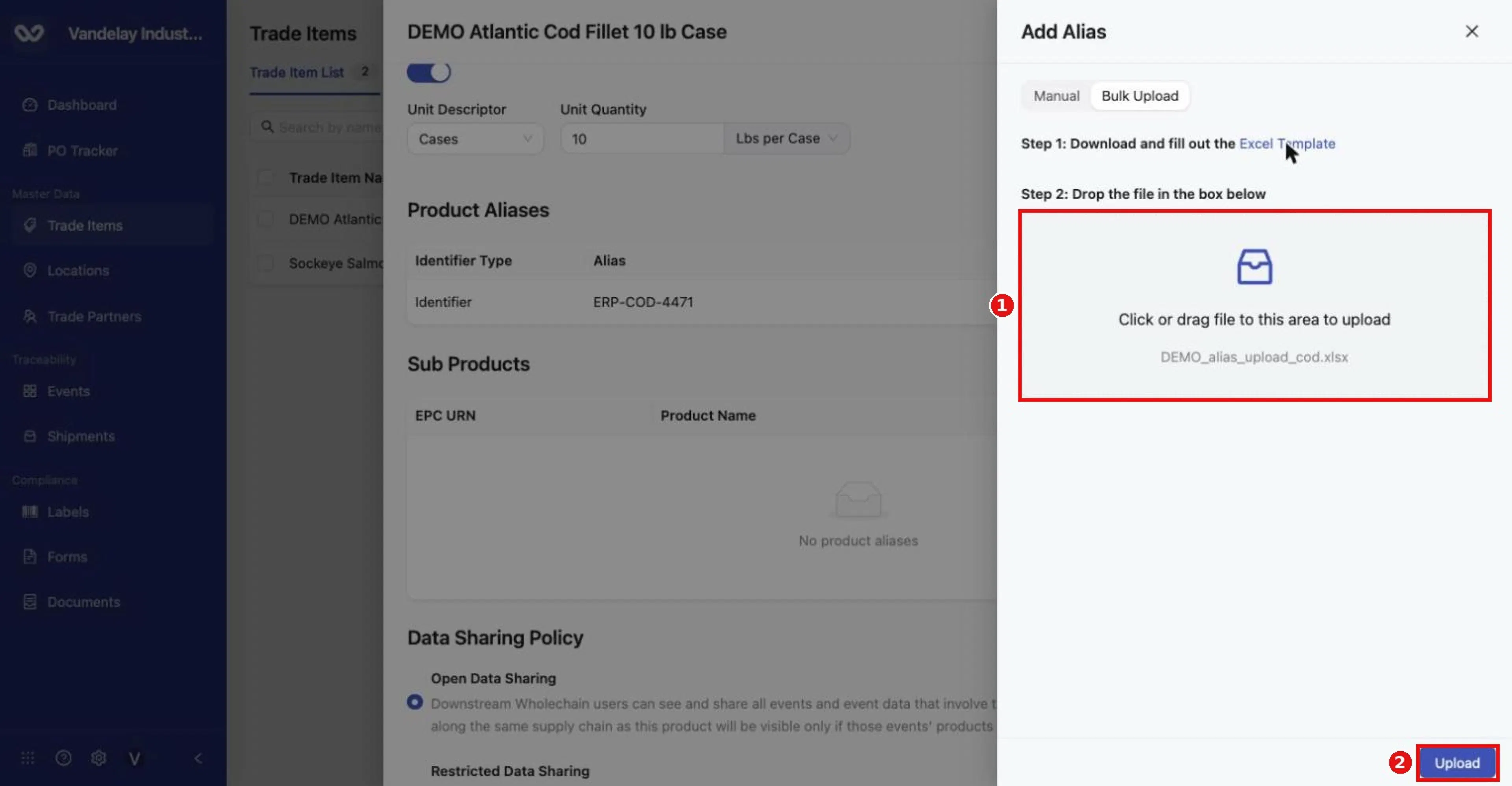 The selected file name appears in the upload area and Upload becomes active.