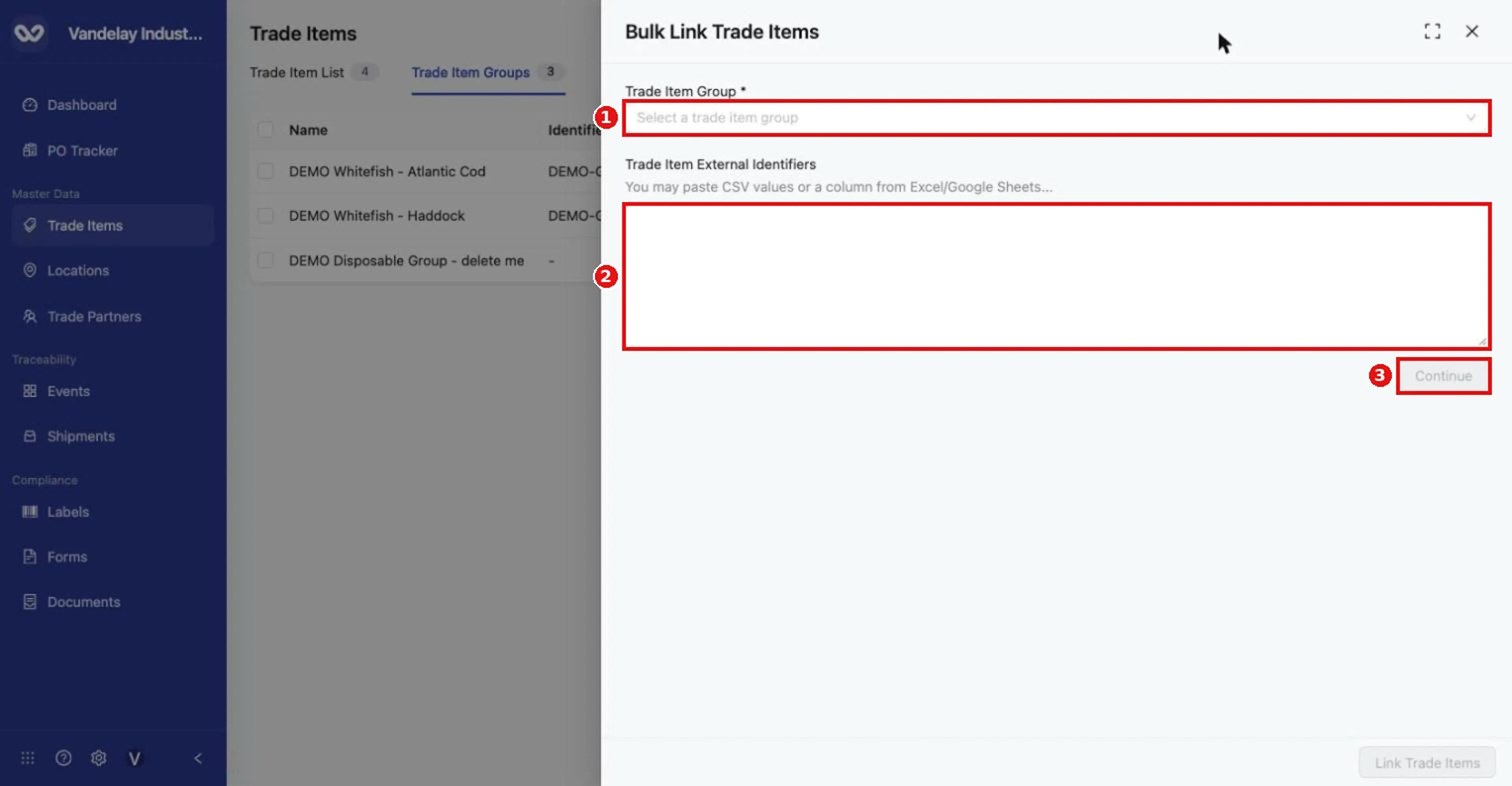 Bulk Link Trade Items (from the Trade Item Groups tab): choose a Trade Item Group, paste identifiers, then Continue.