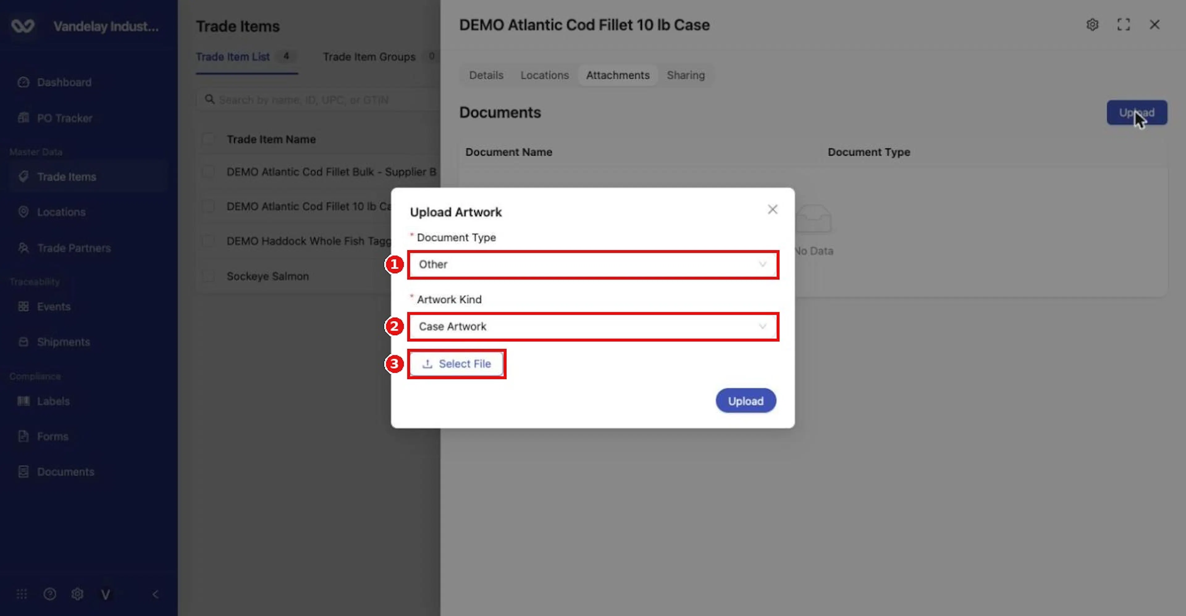 The Upload Artwork dialog asks for Document Type and Artwork Kind (both required), then a file.