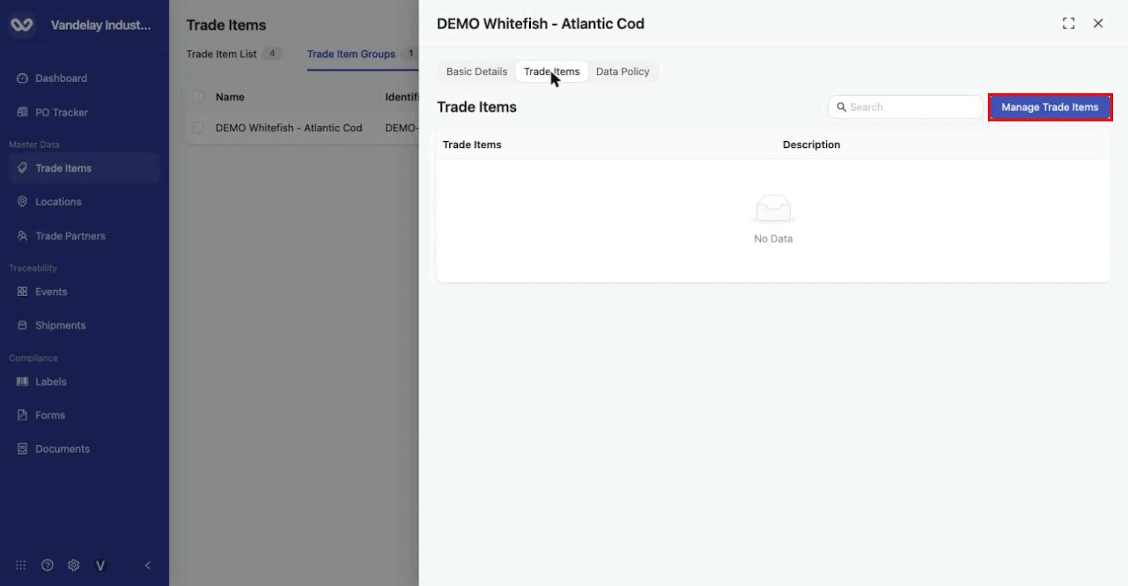 The group's Trade Items tab lists member items and has a Search box. Click Manage Trade Items.