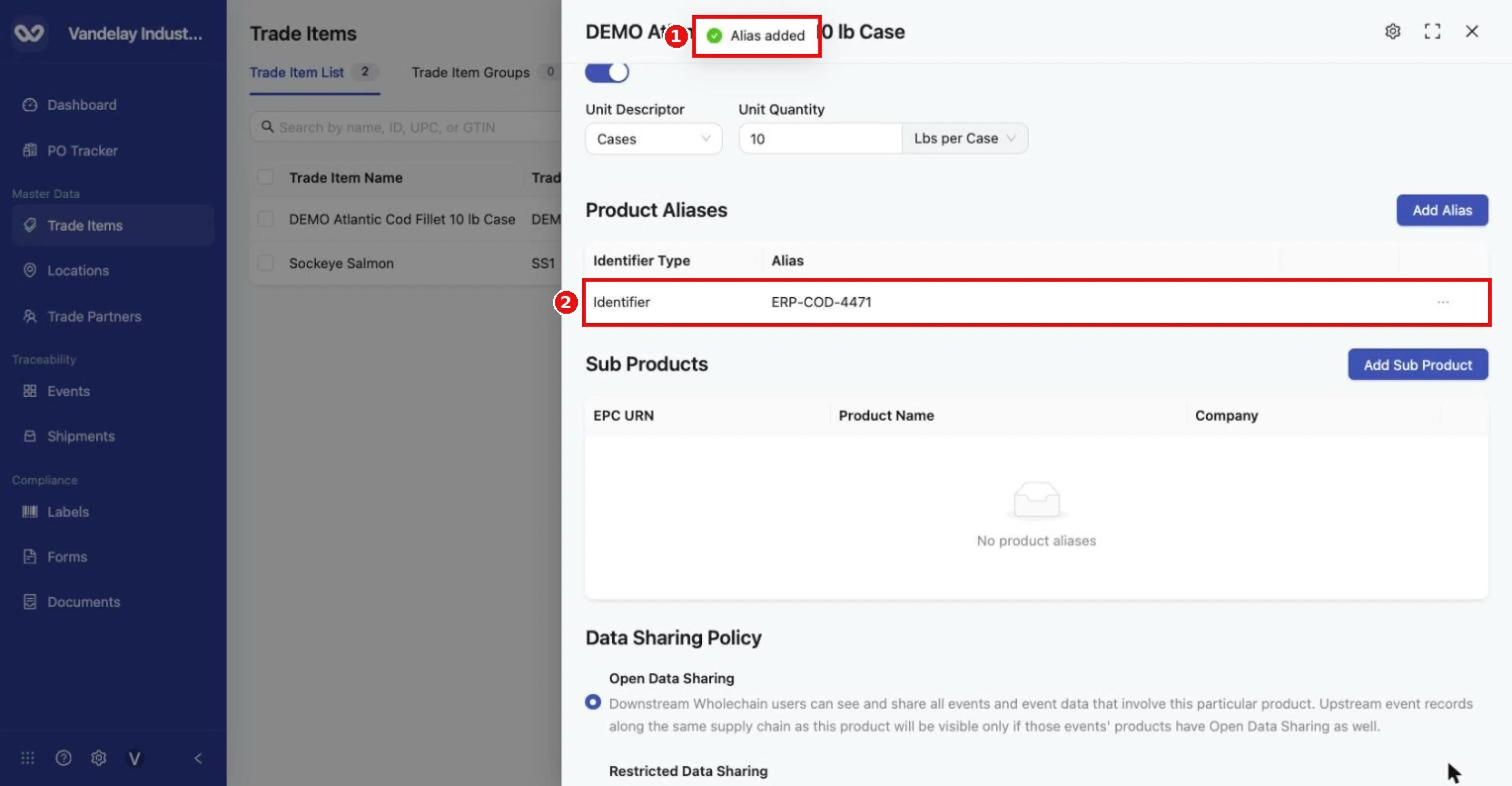 'Alias added' confirmation; the alias appears in the Product Aliases table.