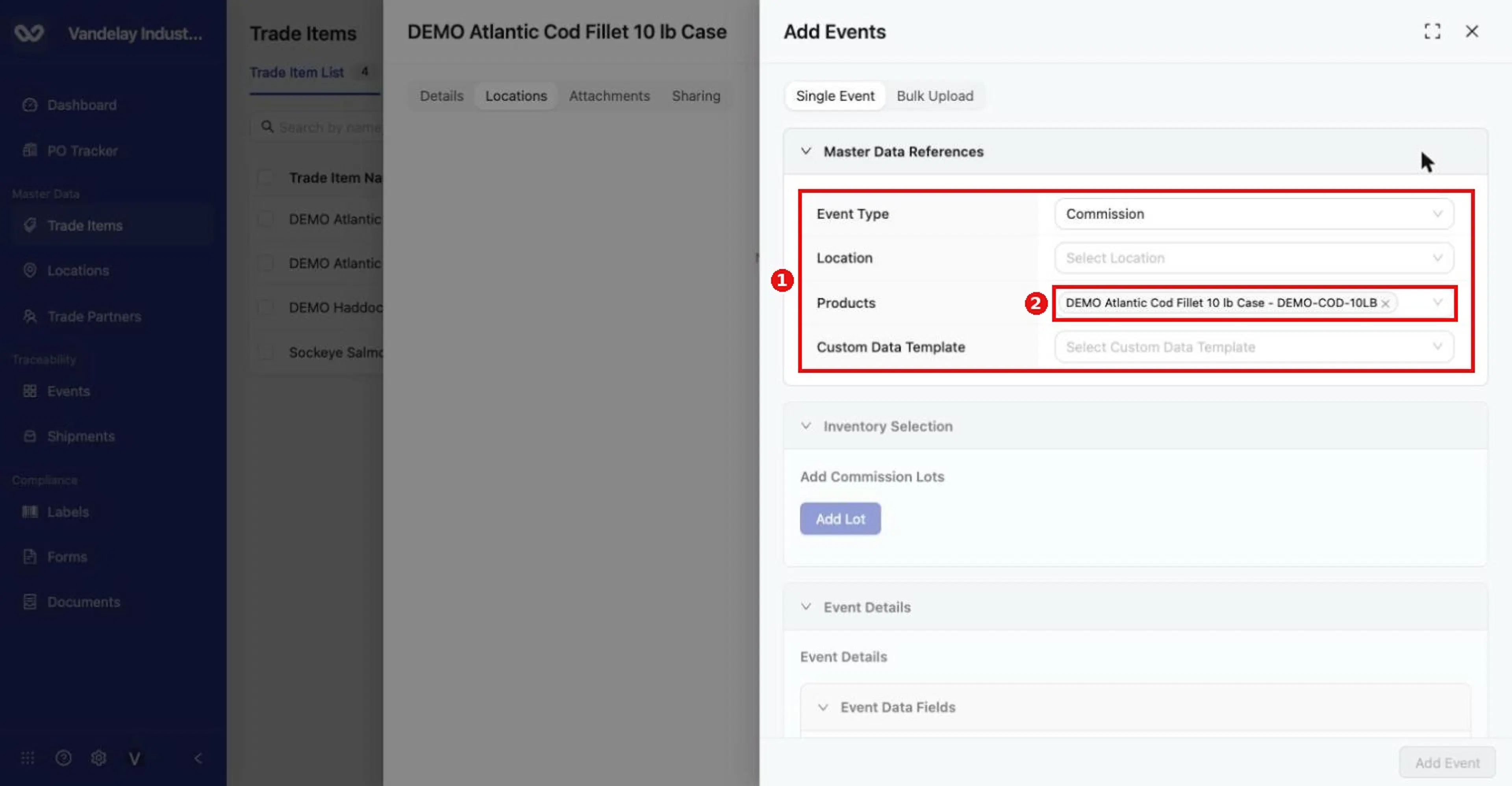 Add Events drawer (Single Event tab). Master Data References holds Event Type, Location, Products (pre-filled with this item) and Custom Data Template.