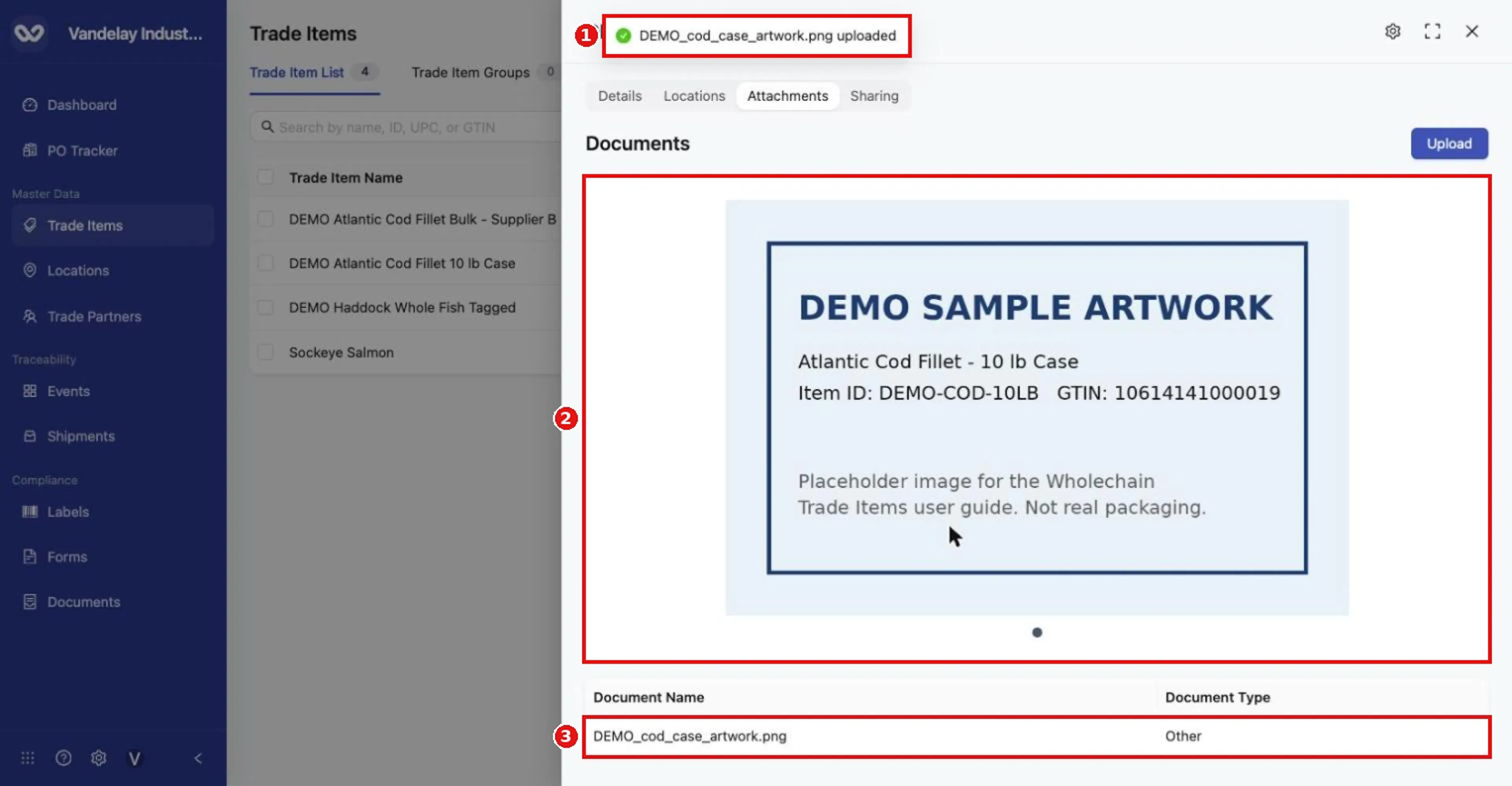 'DEMO_cod_case_artwork.png uploaded'. Image files appear in a preview carousel above the Documents table.