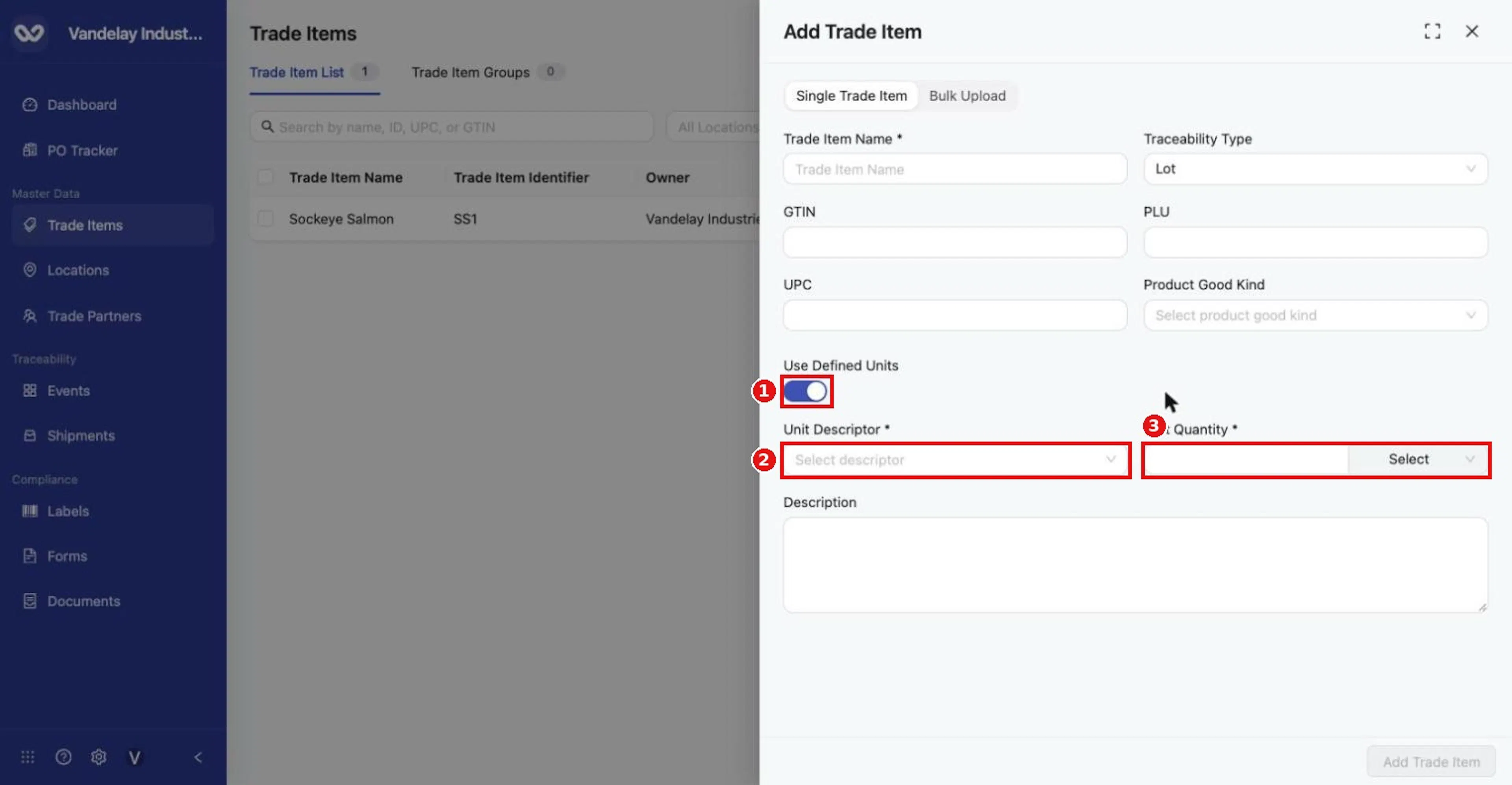 Turning on Use Defined Units replaces Unit of Measure with Unit Descriptor and Unit Quantity (with a base-unit selector).