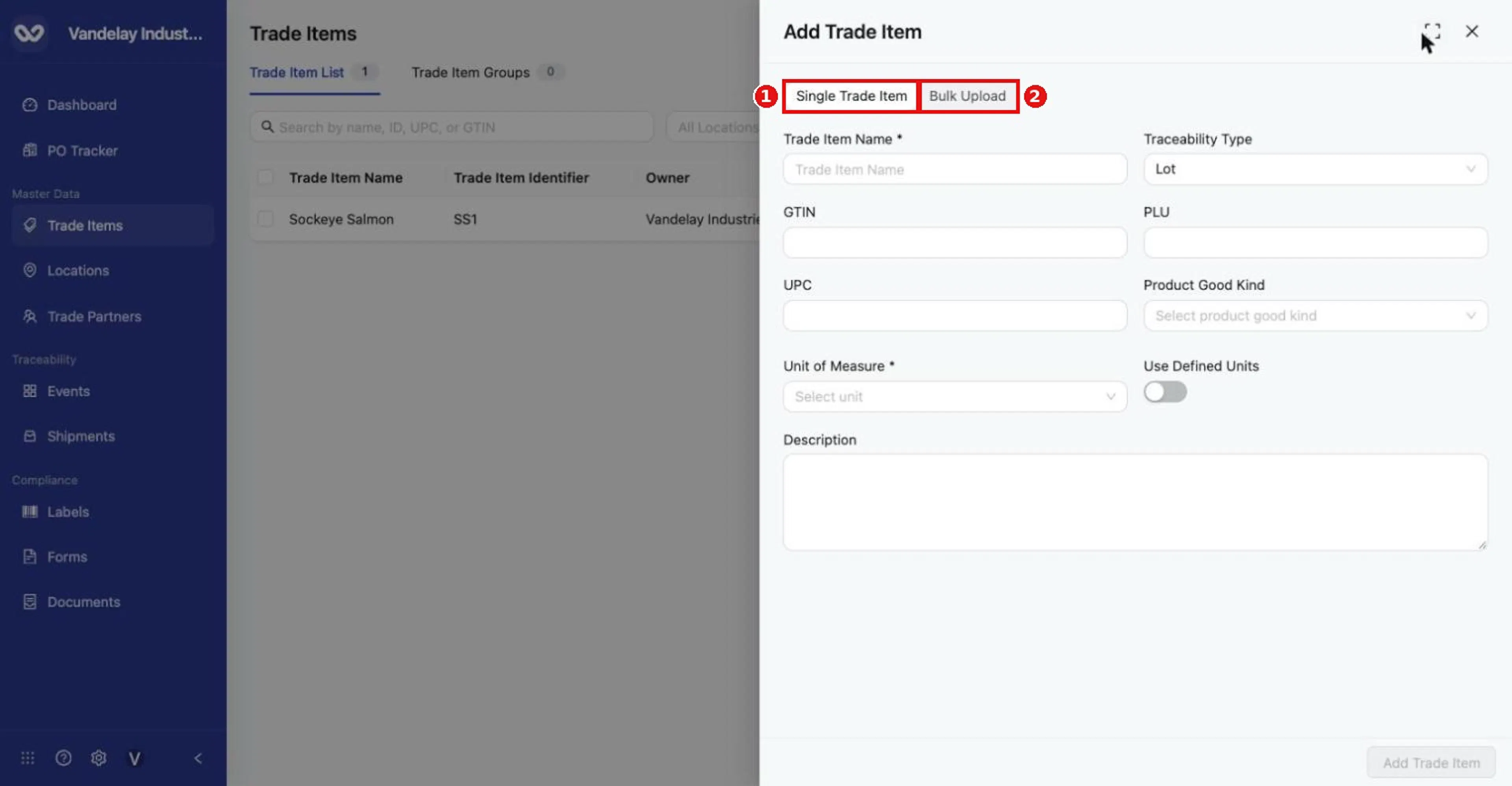 Add Trade Item drawer, Single Trade Item tab. Bulk Upload is the second tab.