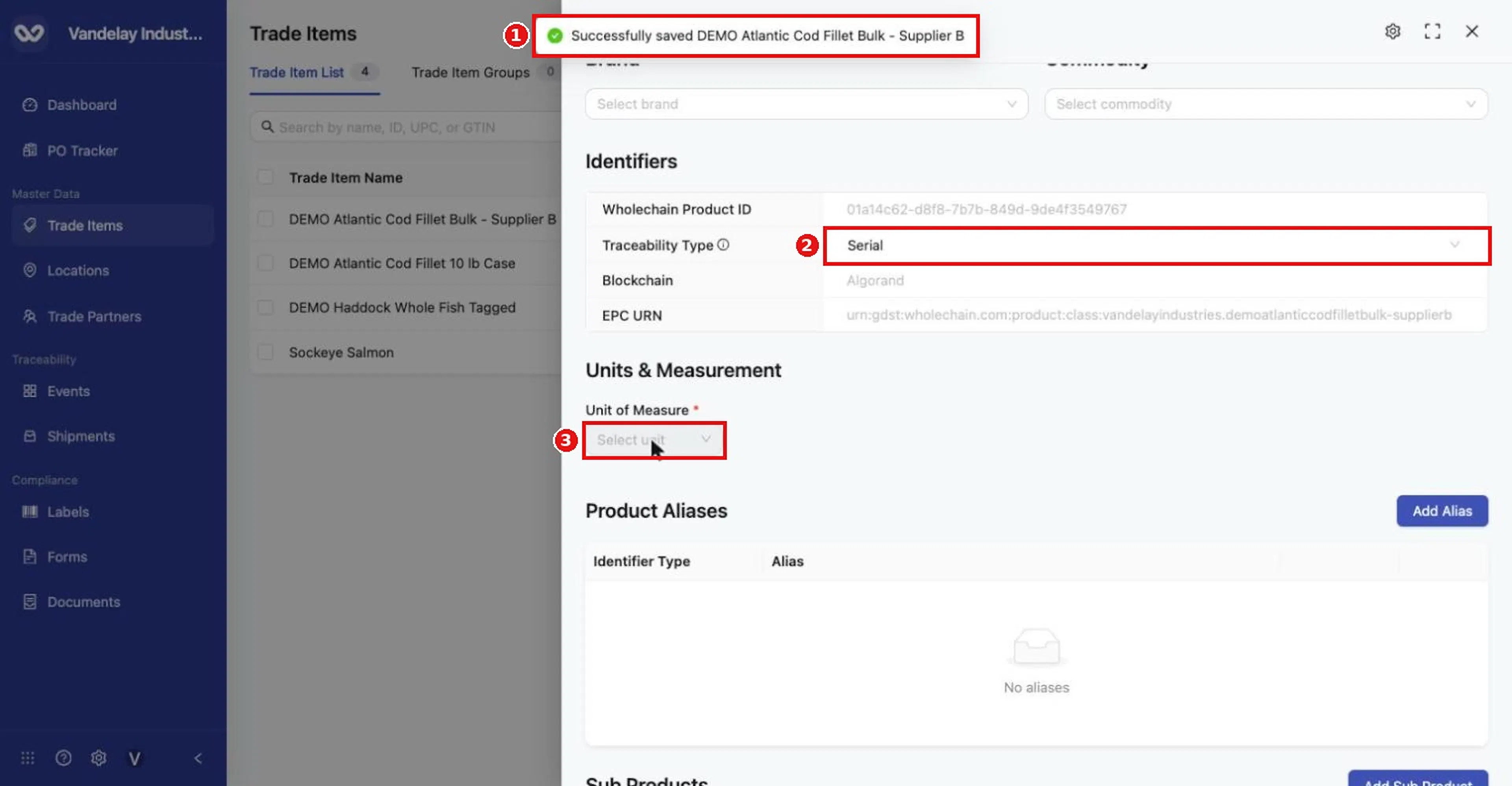 After switching to Serial: the change saves, the Use Defined Units toggle disappears, and Unit of Measure becomes unavailable (the list then shows UoM 'Item').