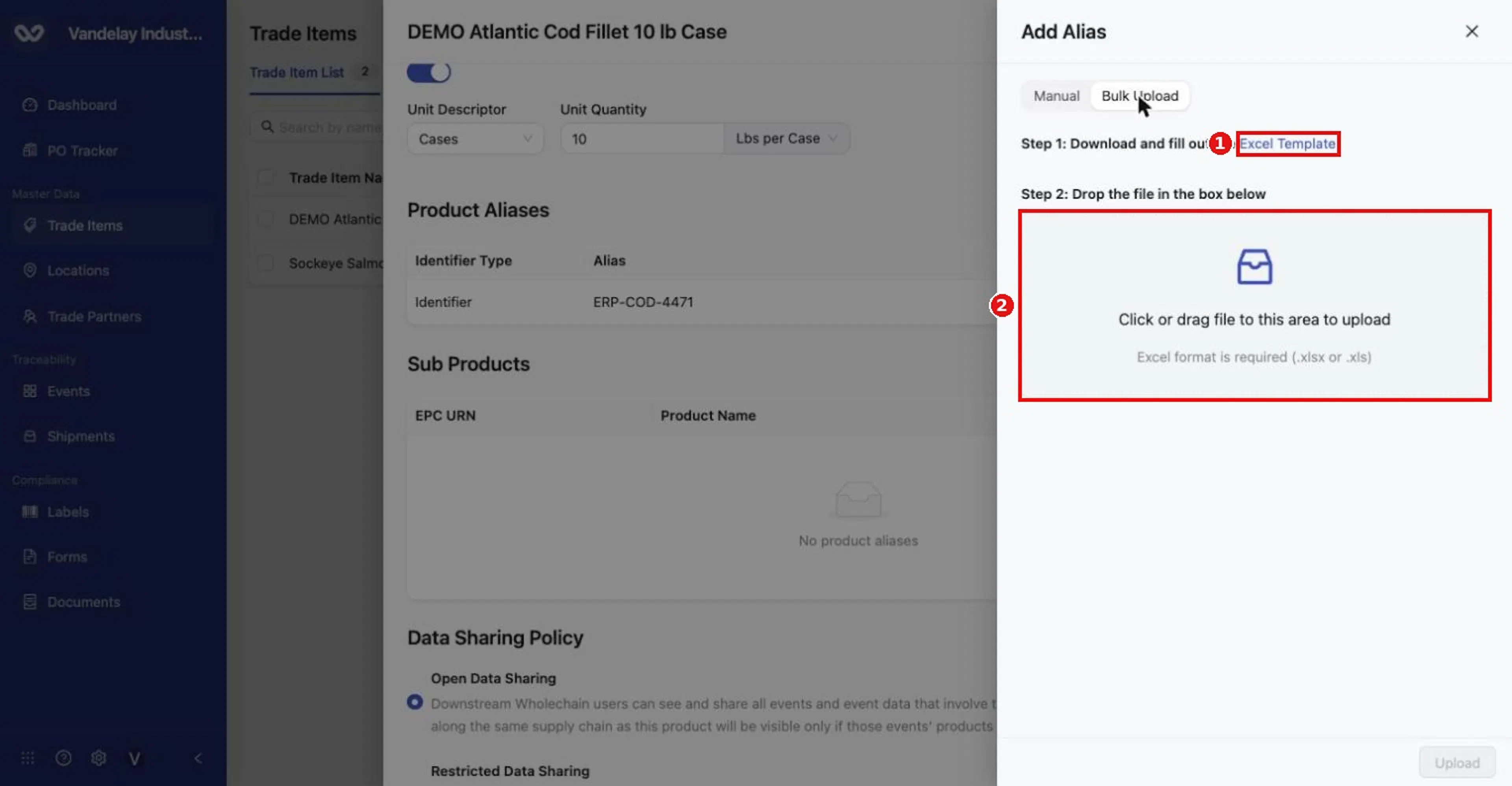 Alias Bulk Upload tab. Step 1: download the Excel Template. Step 2: drop the completed file in the upload area.