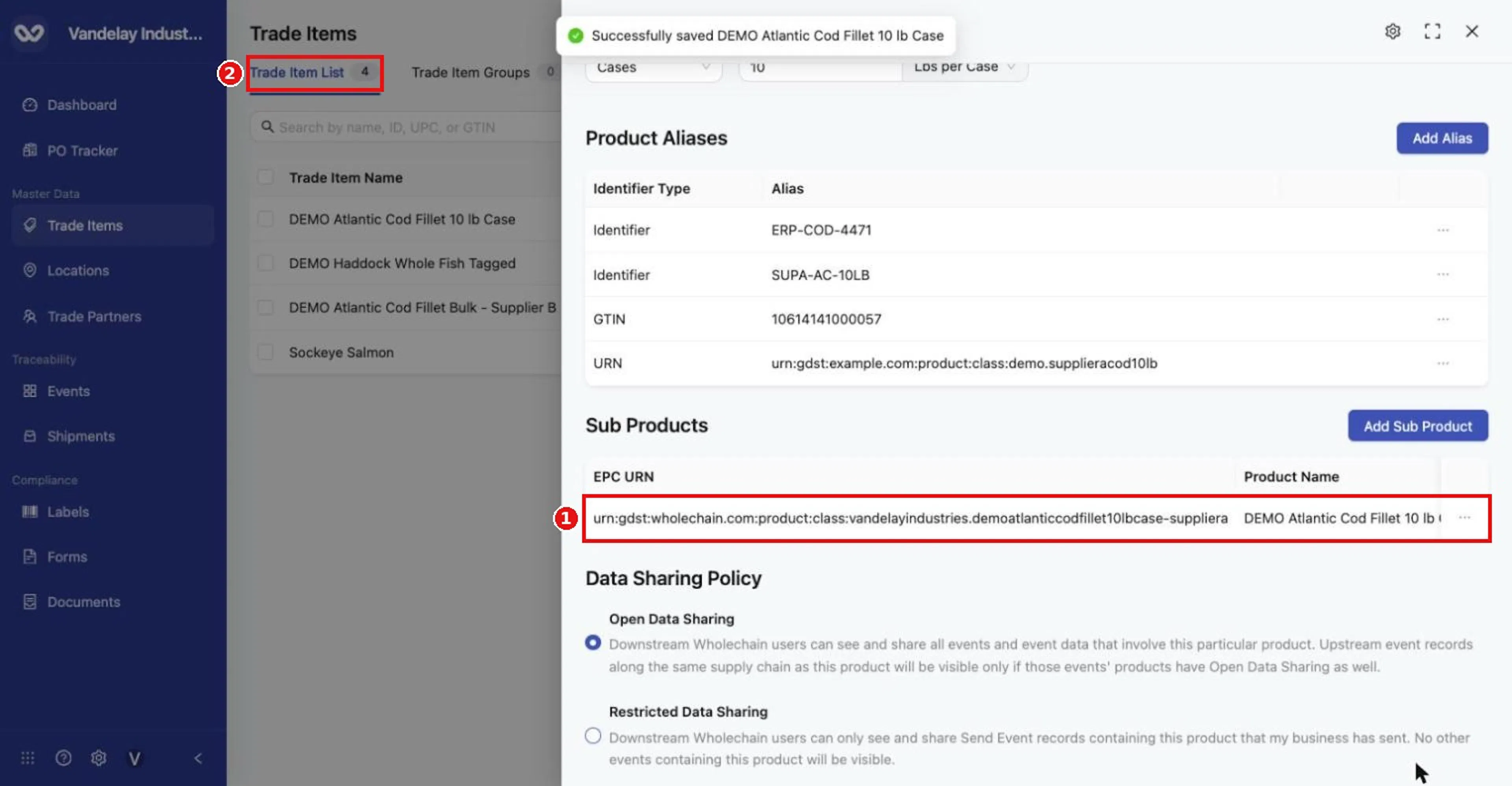 The child item now appears under Sub Products. The list count drops from 5 to 4 because the child item no longer appears as its own row in the list.