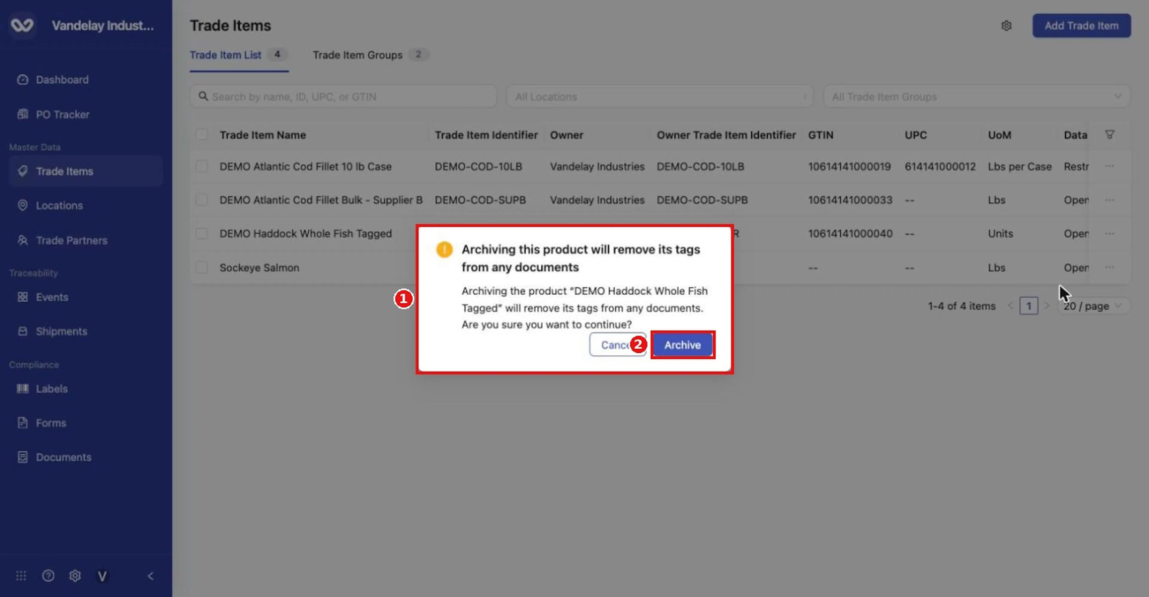 Confirmation: 'Archiving this product will remove its tags from any documents.' Click Archive to continue.