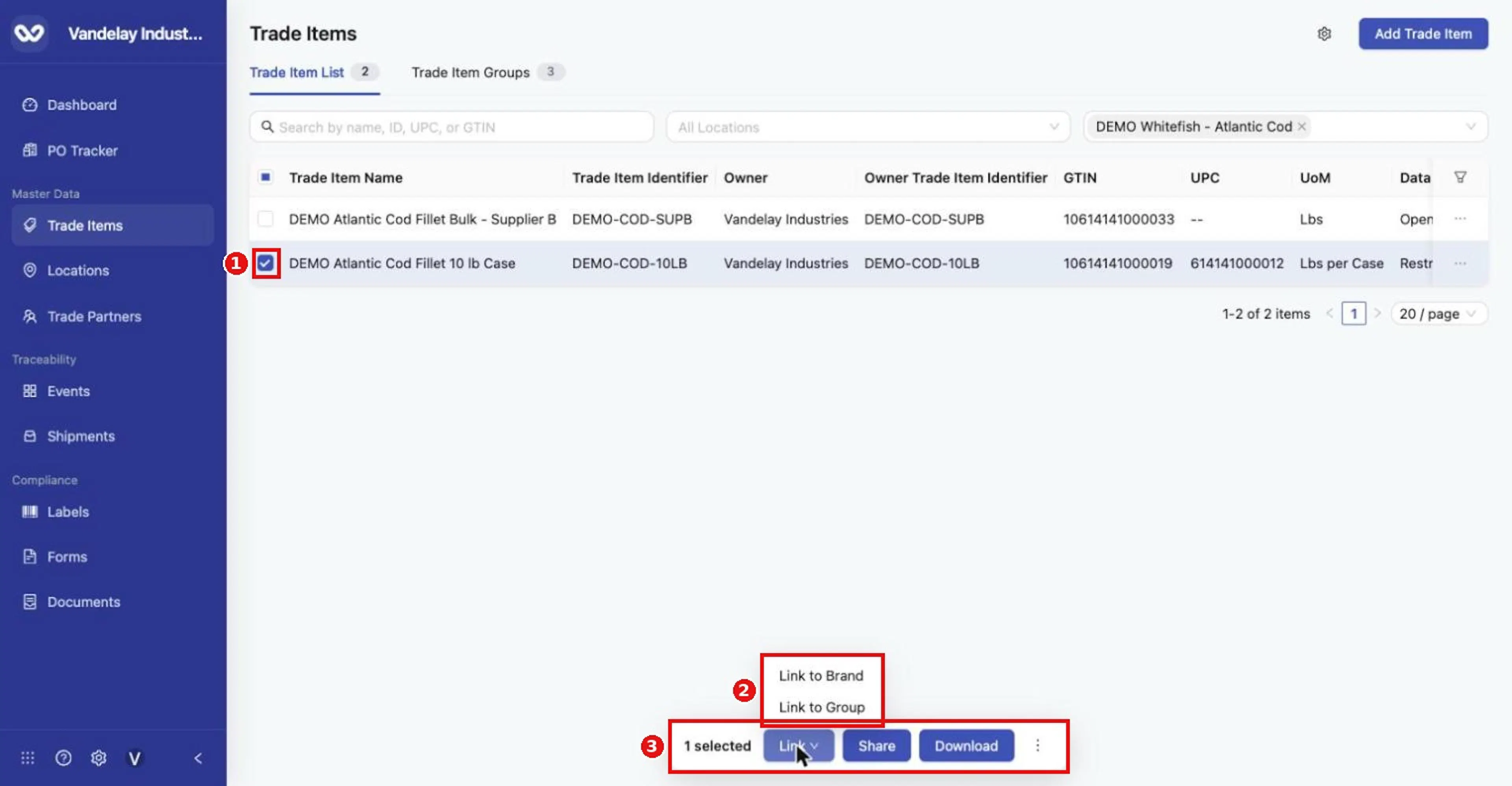 Tick the left-hand checkbox to select rows. The command bar appears: Link, Share, Download and a three-dot menu. Link offers Link to Brand and Link to Group.
