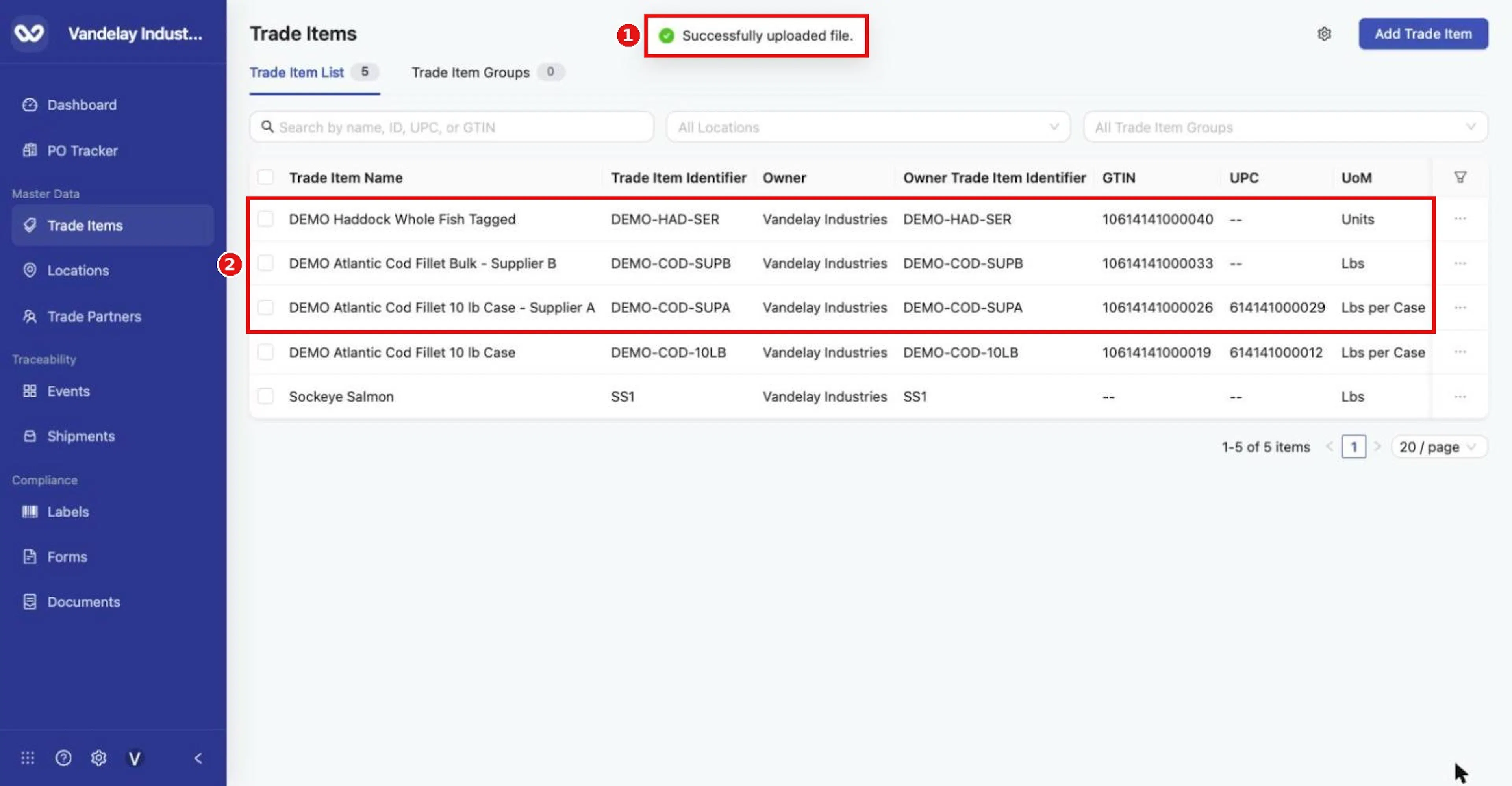 'Successfully uploaded file.' The list count rises from 2 to 5 and the three uploaded items appear.