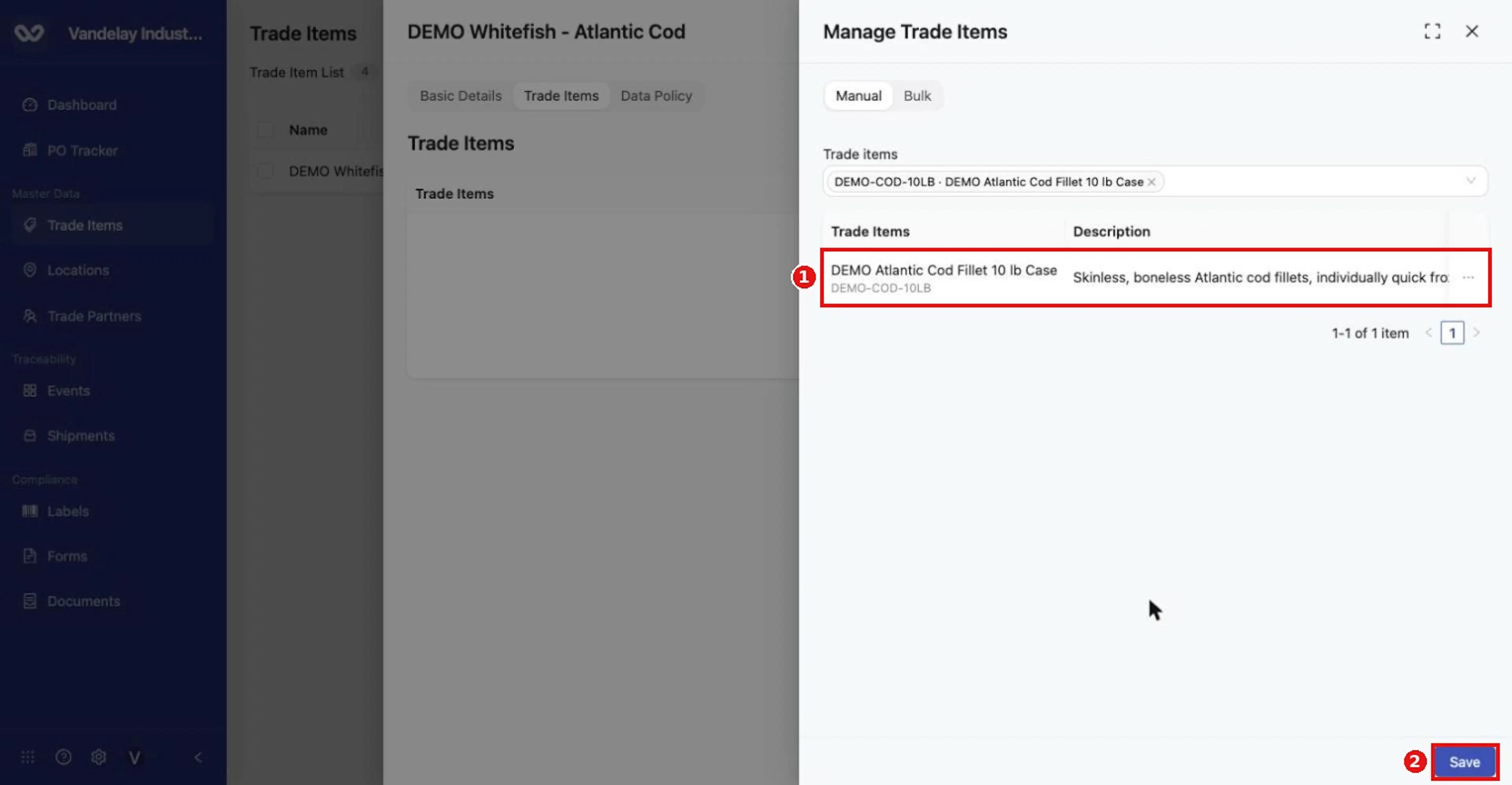 Selected items appear as tags and in the review table. Click Save.