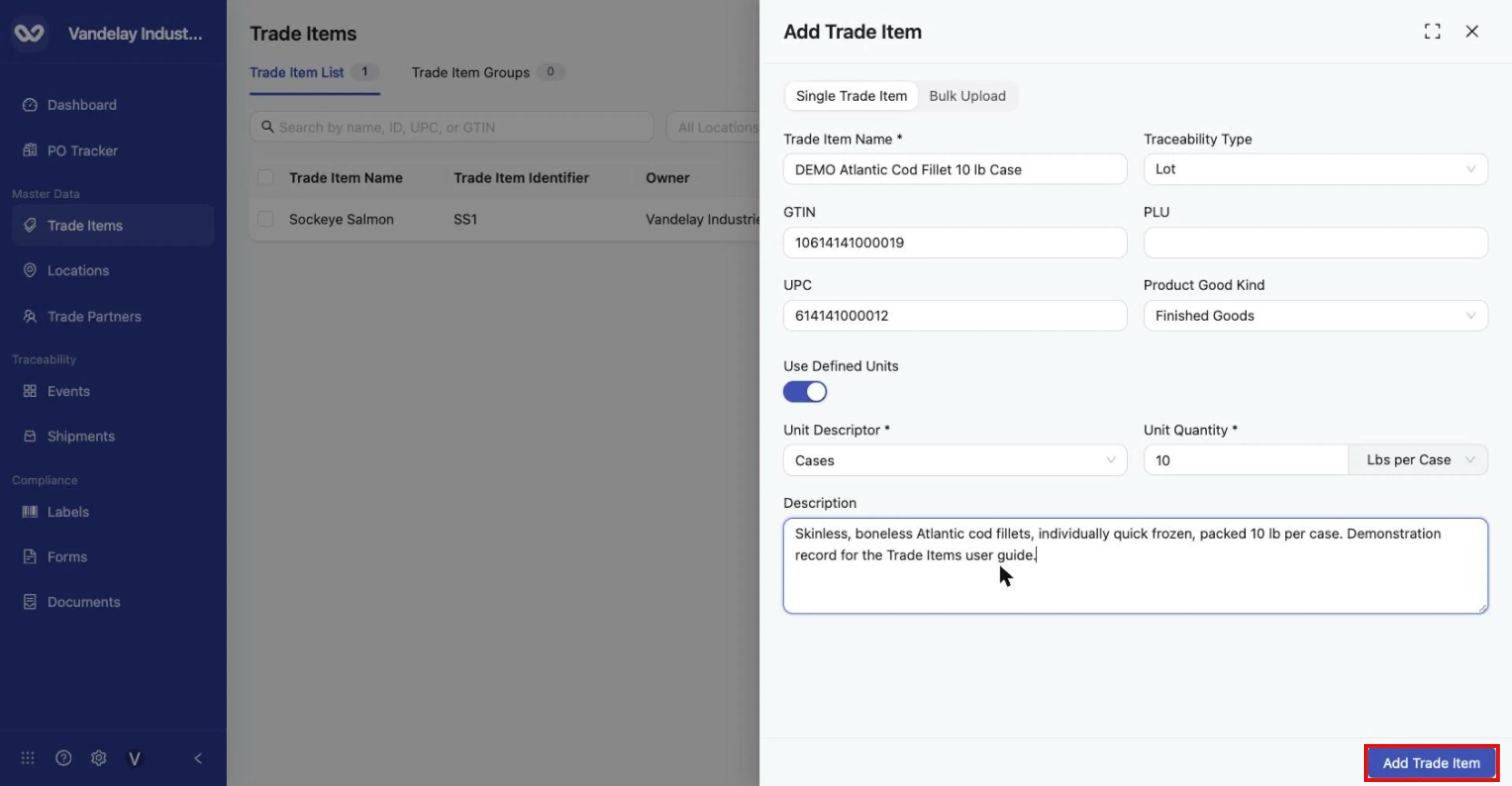 Completed form. The unit now reads 10 'Lbs per Case'. Click Add Trade Item to save.