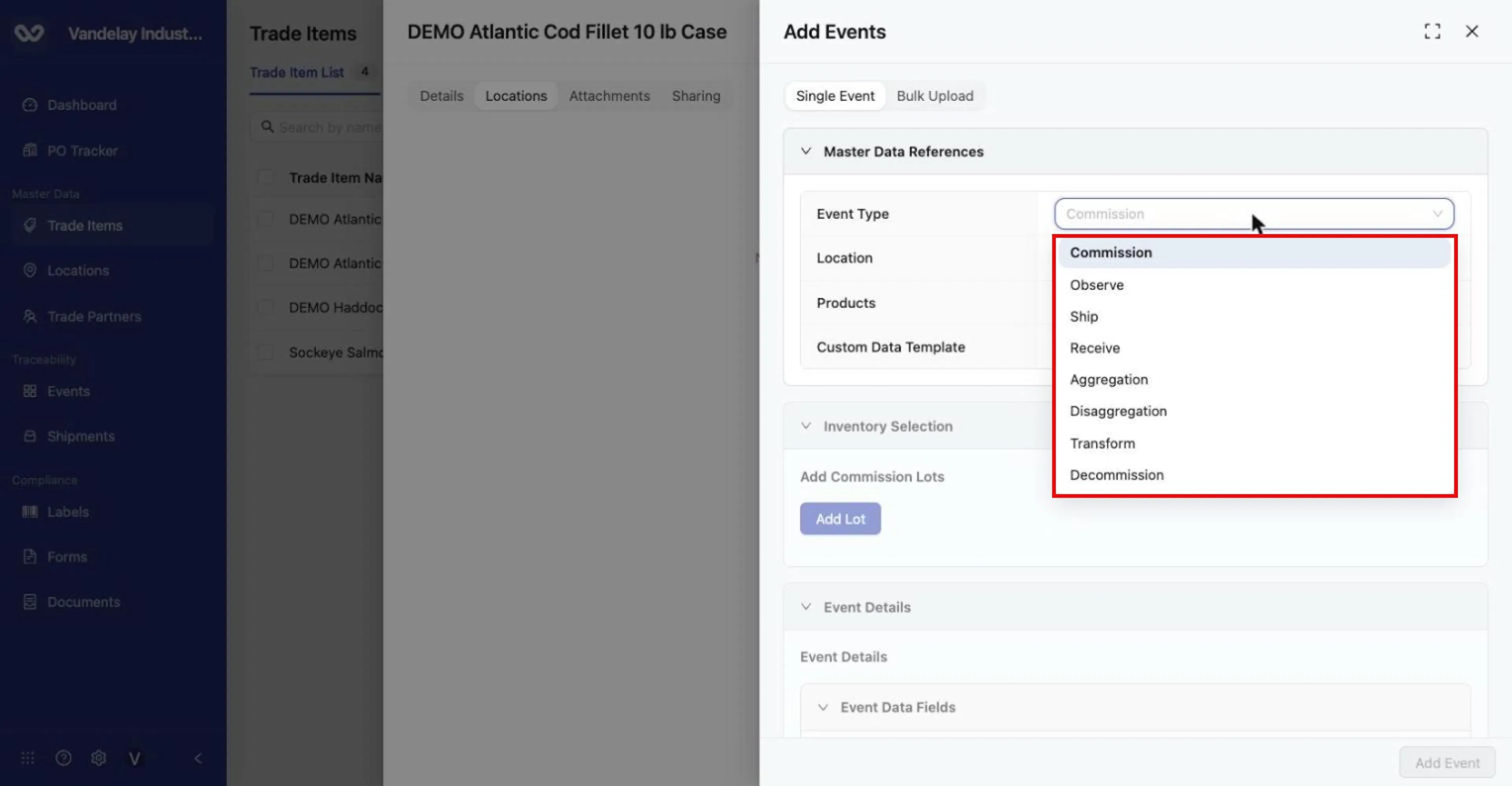 Event Type options: Commission, Observe, Ship, Receive, Aggregation, Disaggregation, Transform, Decommission.