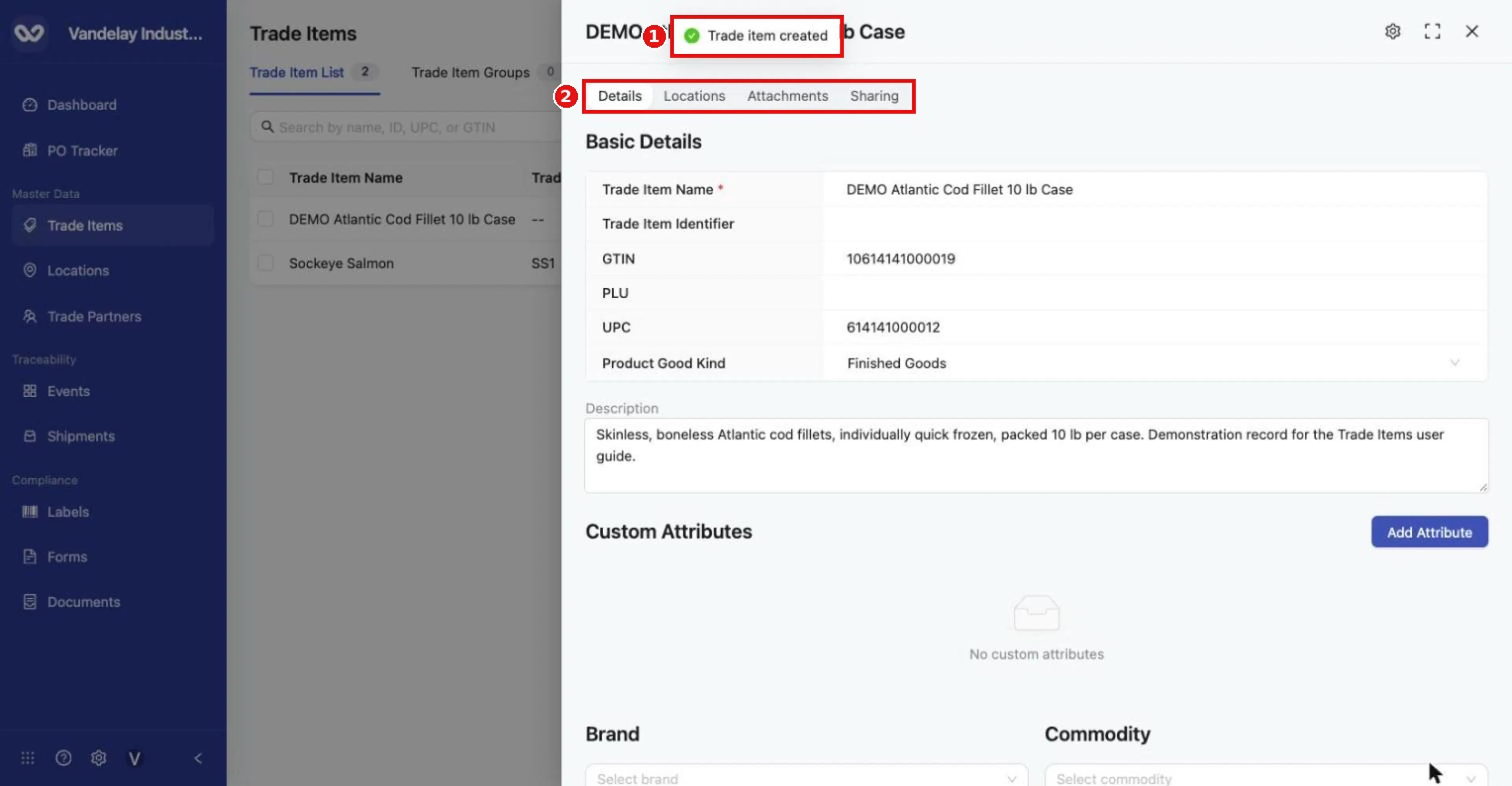 Success: 'Trade item created' appears and the new item opens with Details, Locations, Attachments and Sharing tabs.