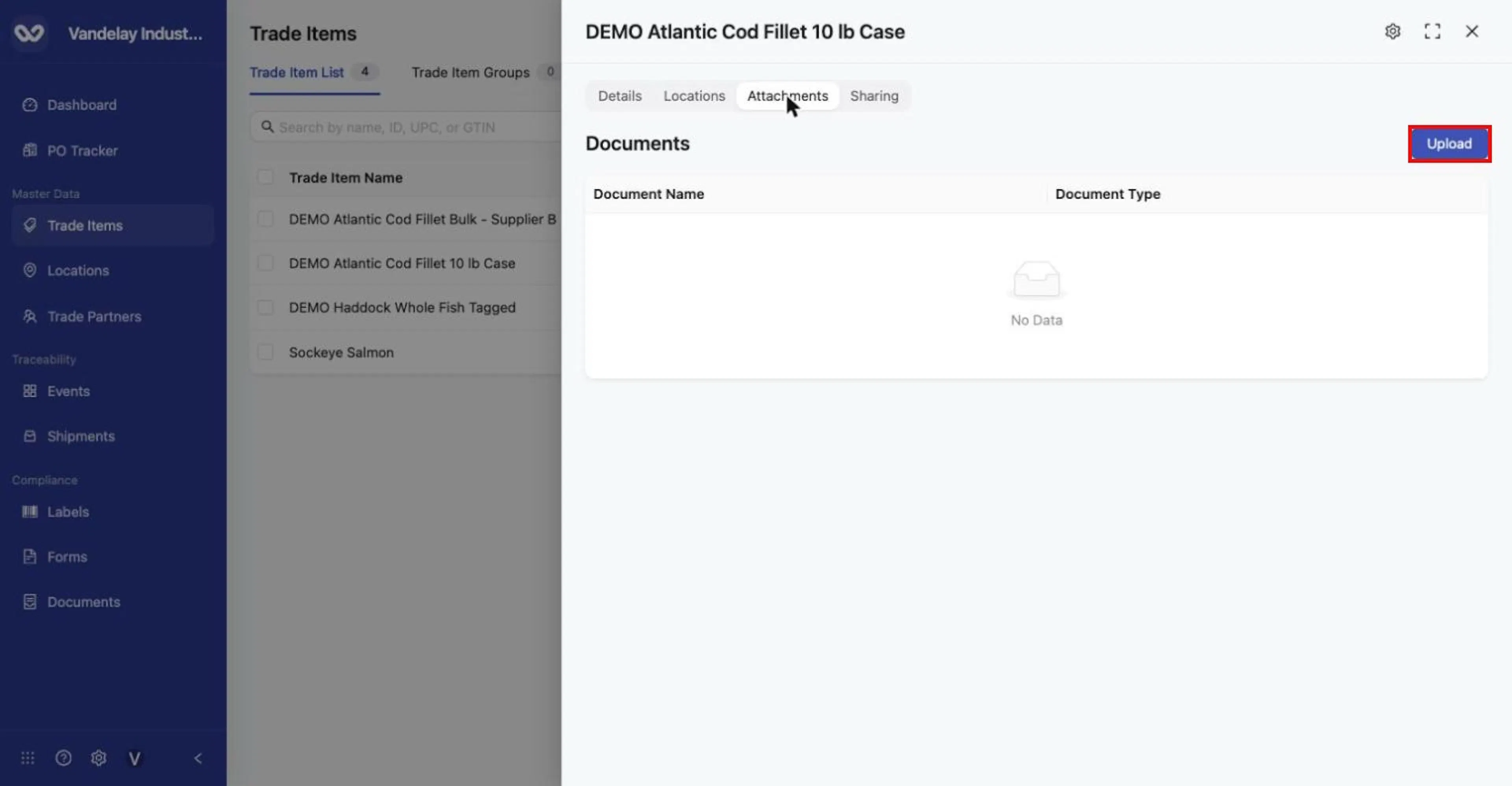 Attachments tab: the Documents table is empty ('No Data') until you upload. Click Upload.