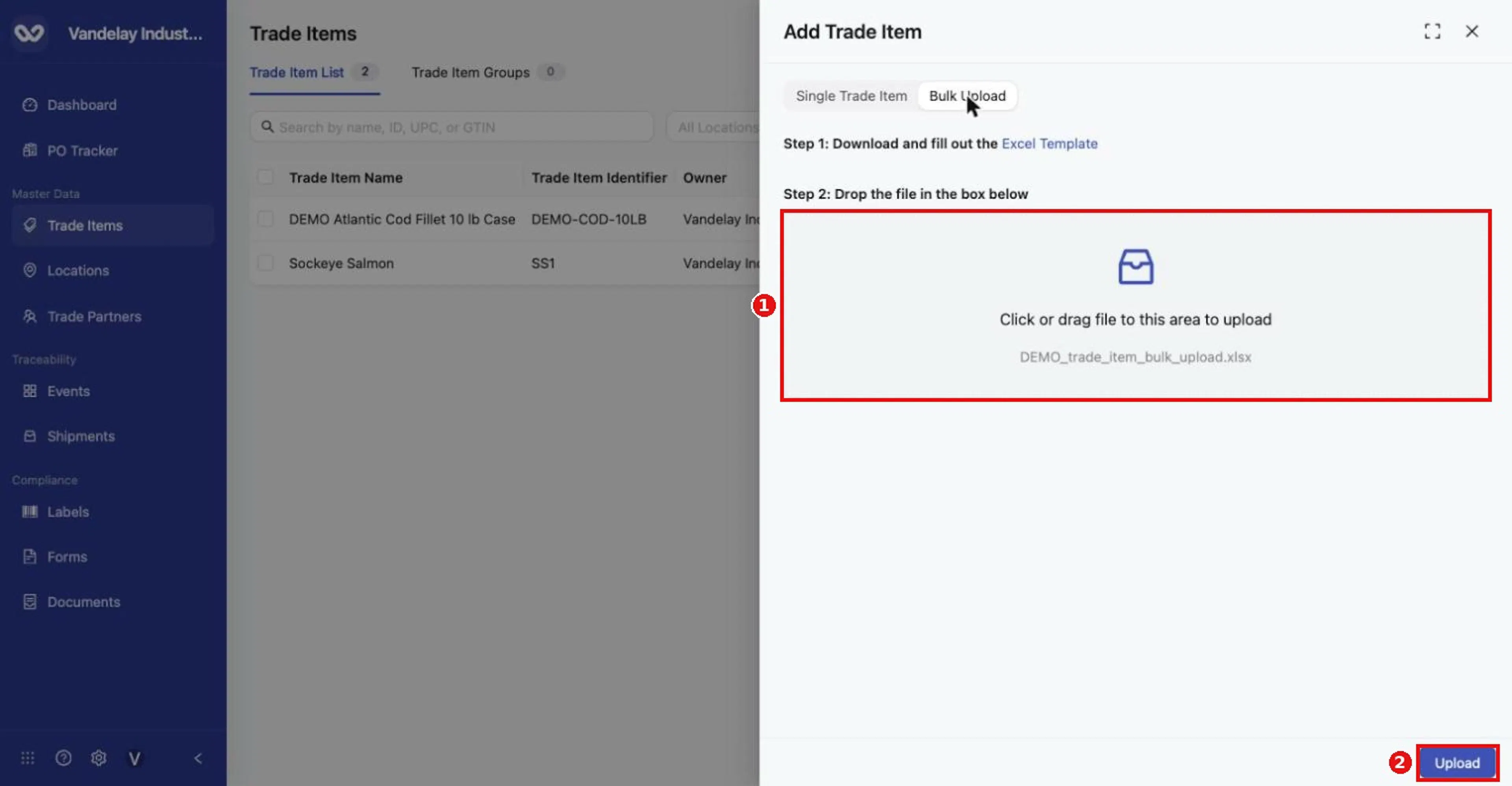 The completed spreadsheet's file name appears in the upload area. Click Upload.
