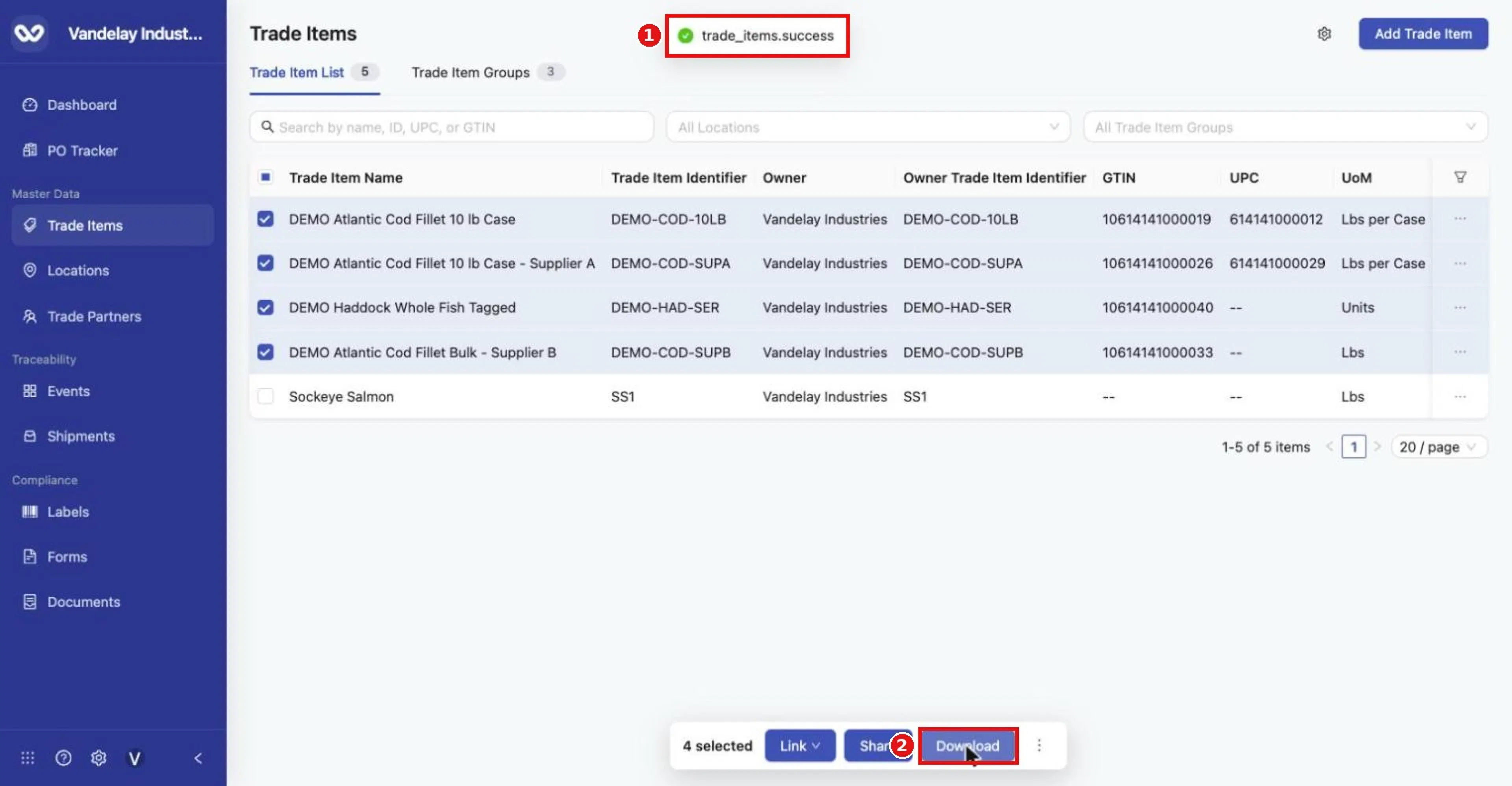 Download saves an Excel file of the selected items' master data.