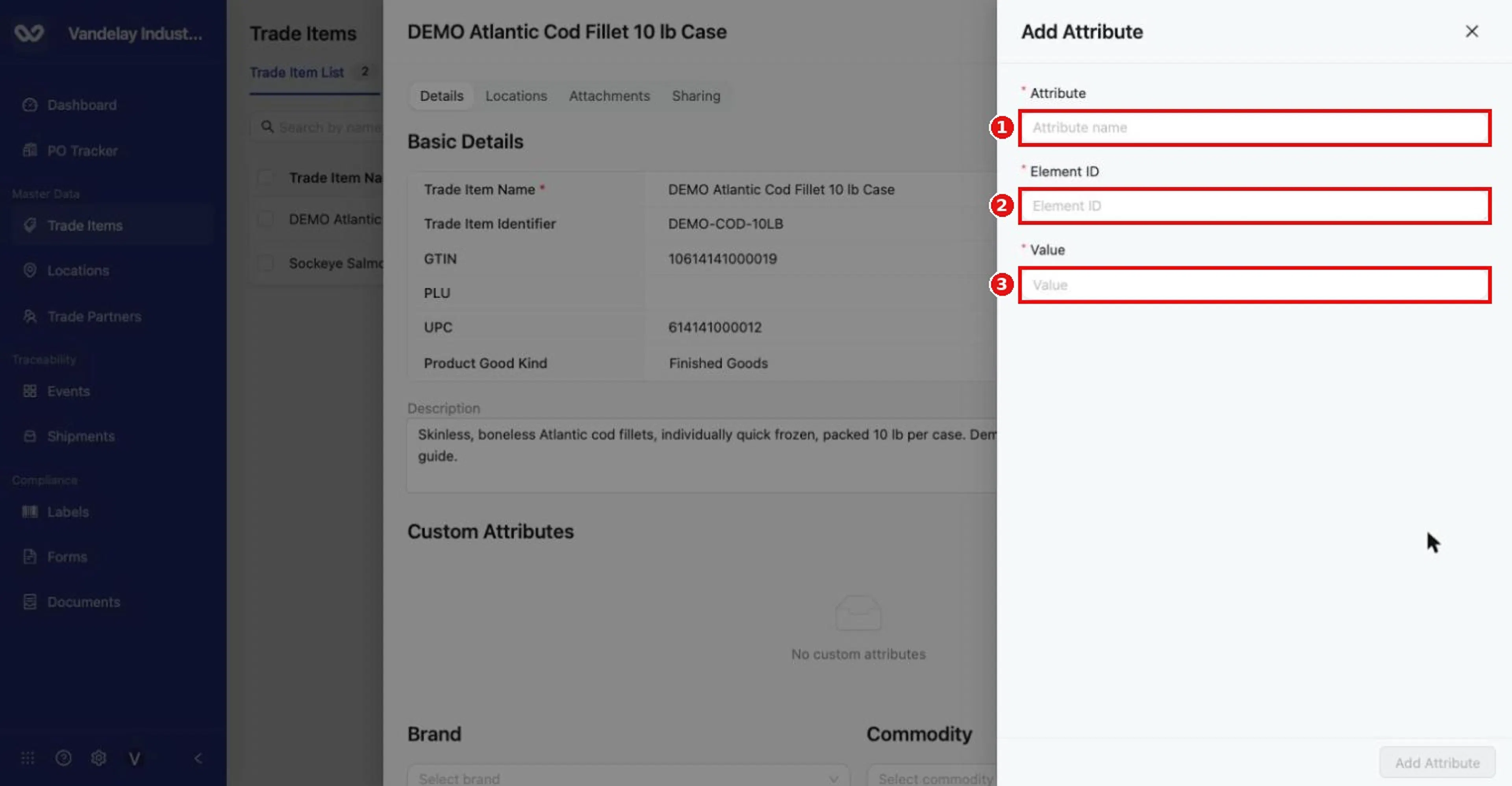 Add Attribute panel with three required fields: Attribute, Element ID and Value.