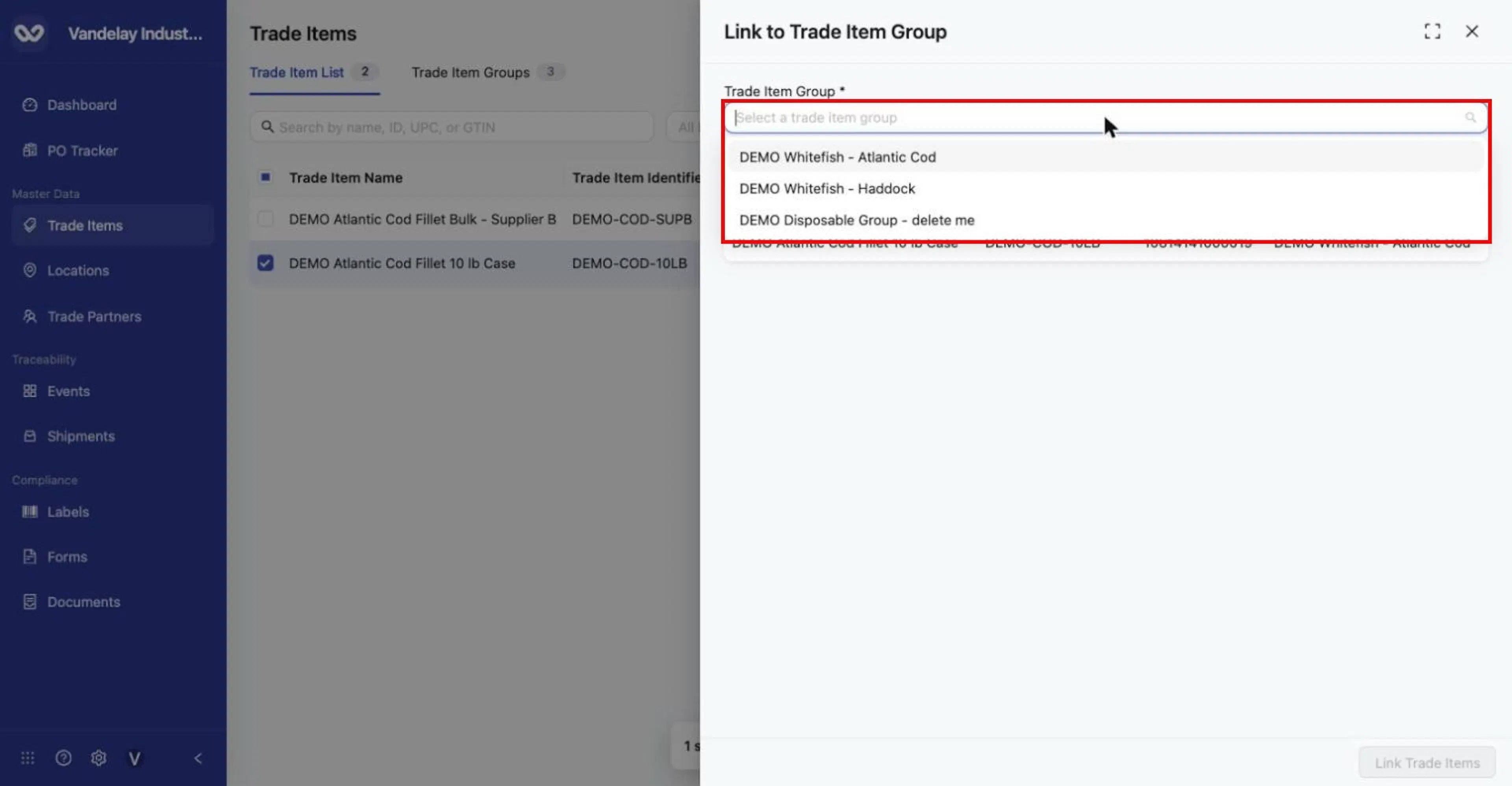 Link to Trade Item Group: choose the destination group.