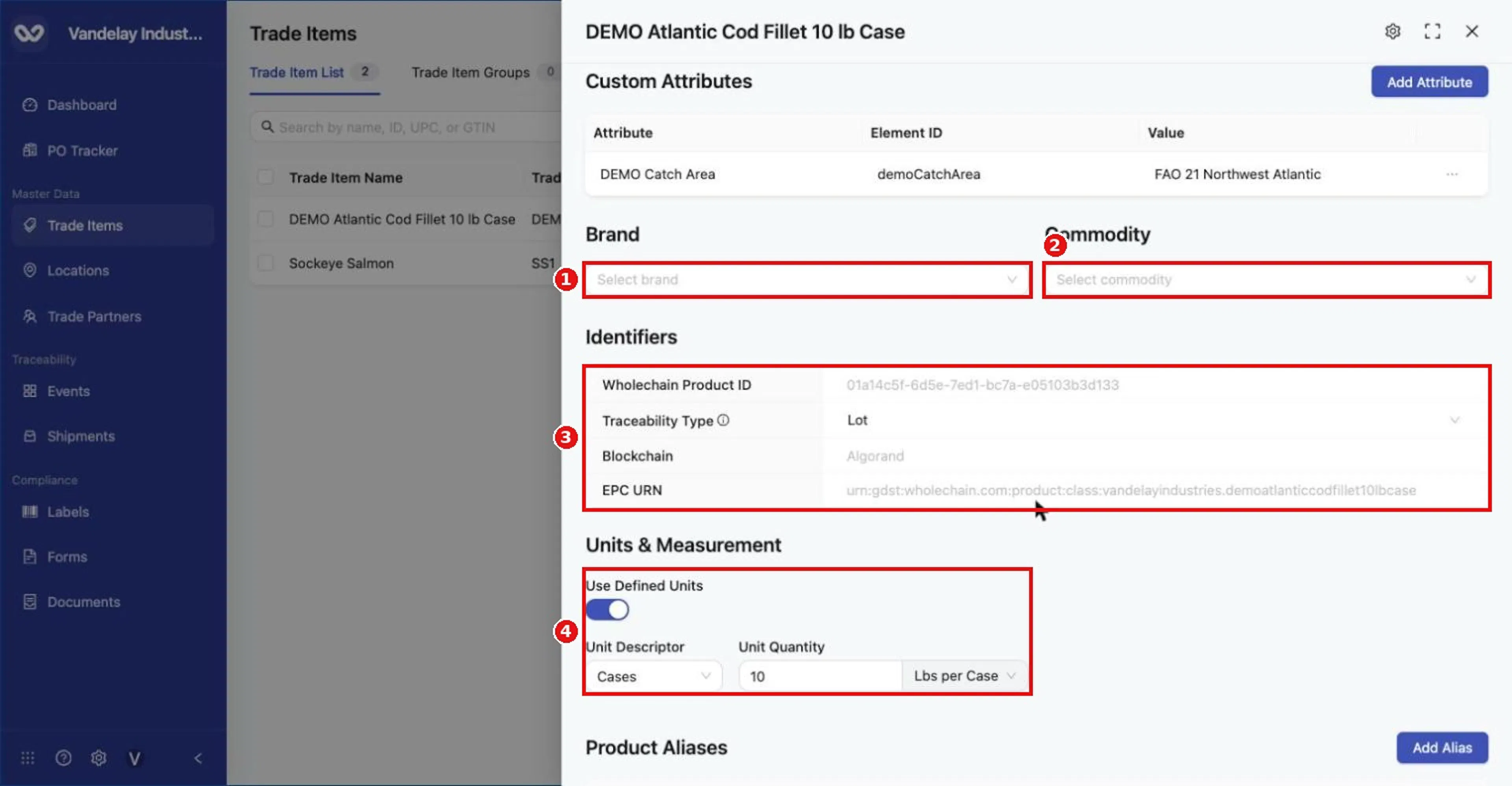 Brand and Commodity selectors, the read-only Identifiers section (Wholechain Product ID, Traceability Type, Blockchain, EPC URN), and Units & Measurement.