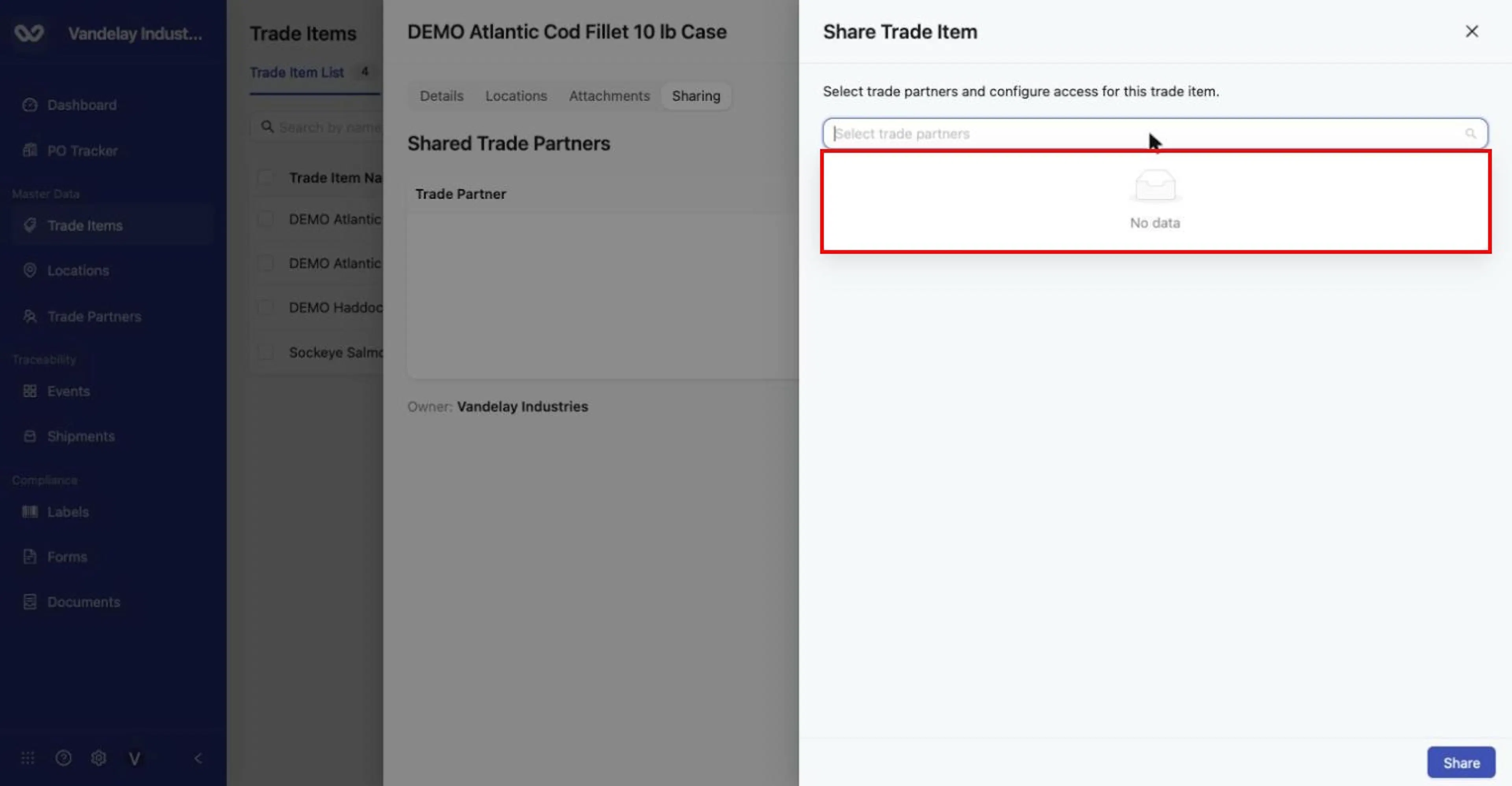 Select trade partners lists your Wholechain-connected partners. With none connected, it shows 'No data'.